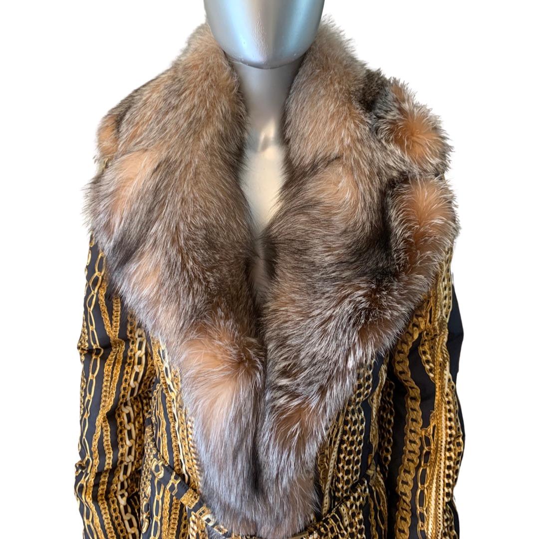 Roberto Cavalli Runway Collection Fox Fur & Silk Print Chain Puffer Coat Size 8 5