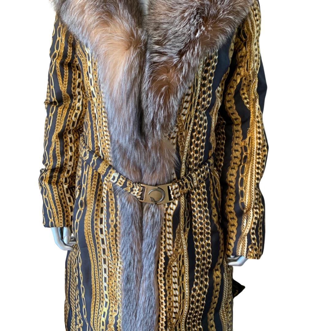 Roberto Cavalli Runway Collection Fox Fur & Silk Print Chain Puffer Coat Size 8 6