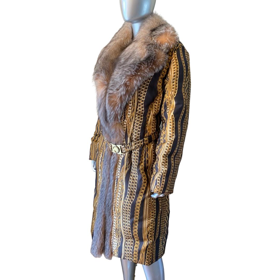 Roberto Cavalli Runway Collection Fox Fur & Silk Print Chain Puffer Coat Size 8 7