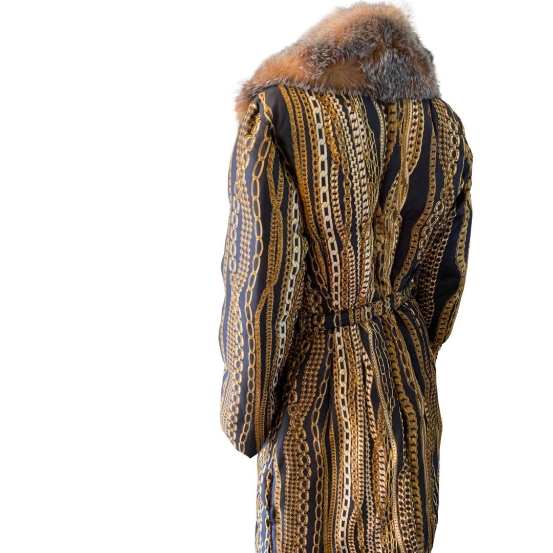 Roberto Cavalli Runway Collection Fox Fur & Silk Print Chain Puffer Coat Size 8 8