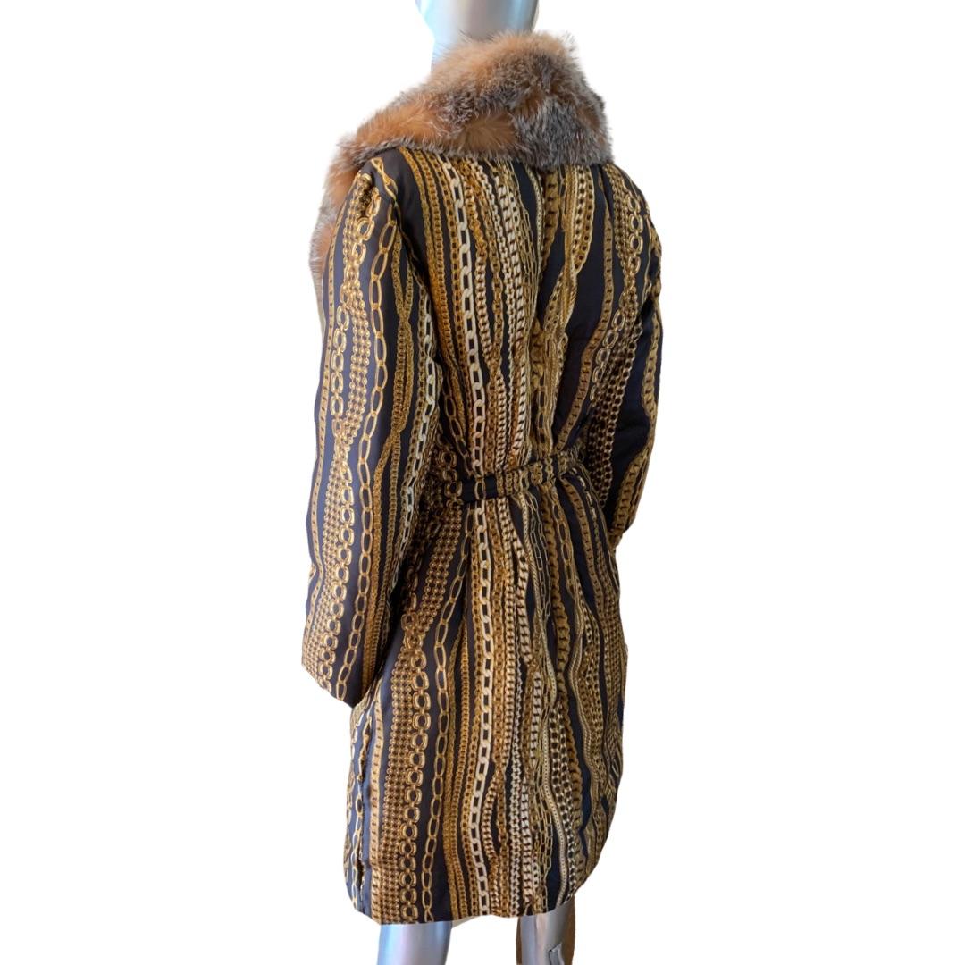 Roberto Cavalli Runway Collection Fox Fur & Silk Print Chain Puffer Coat Size 8 9