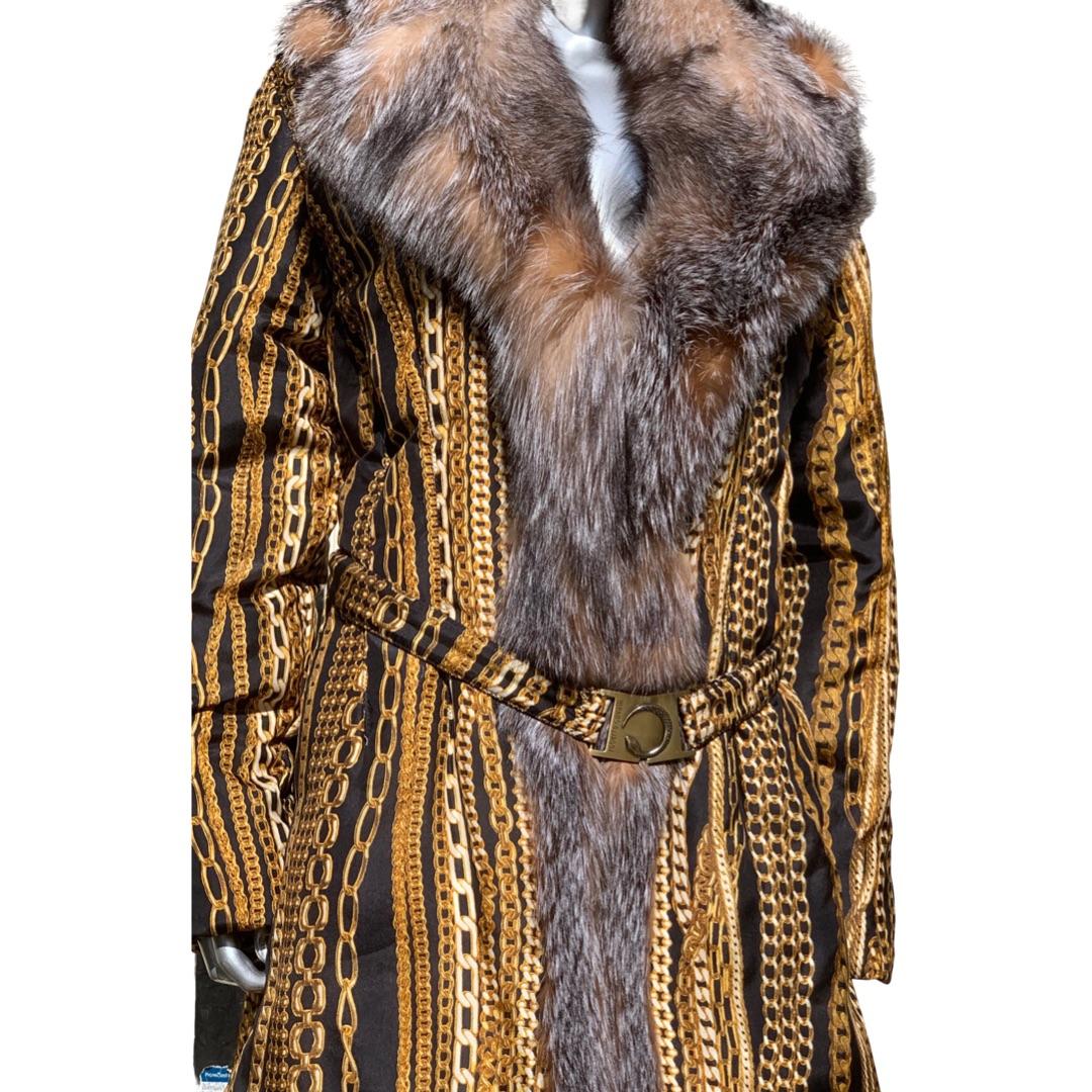 Brown Roberto Cavalli Runway Collection Fox Fur & Silk Print Chain Puffer Coat Size 8