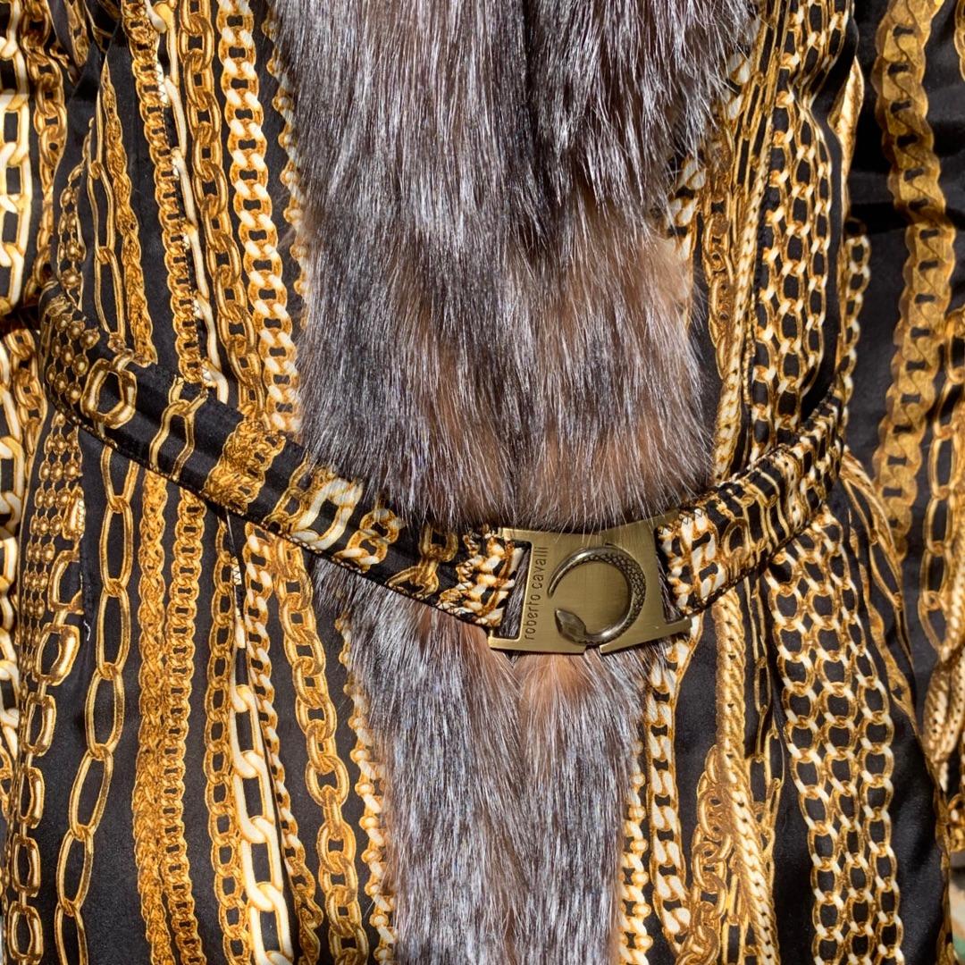 Women's Roberto Cavalli Runway Collection Fox Fur & Silk Print Chain Puffer Coat Size 8