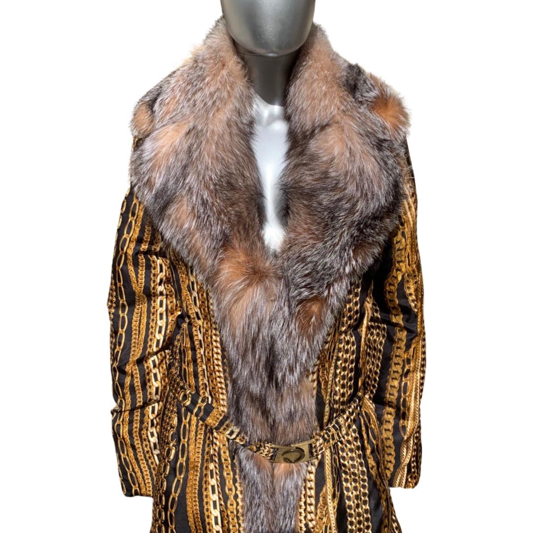 Roberto Cavalli Runway Collection Fox Fur & Silk Print Chain Puffer Coat Size 8 1