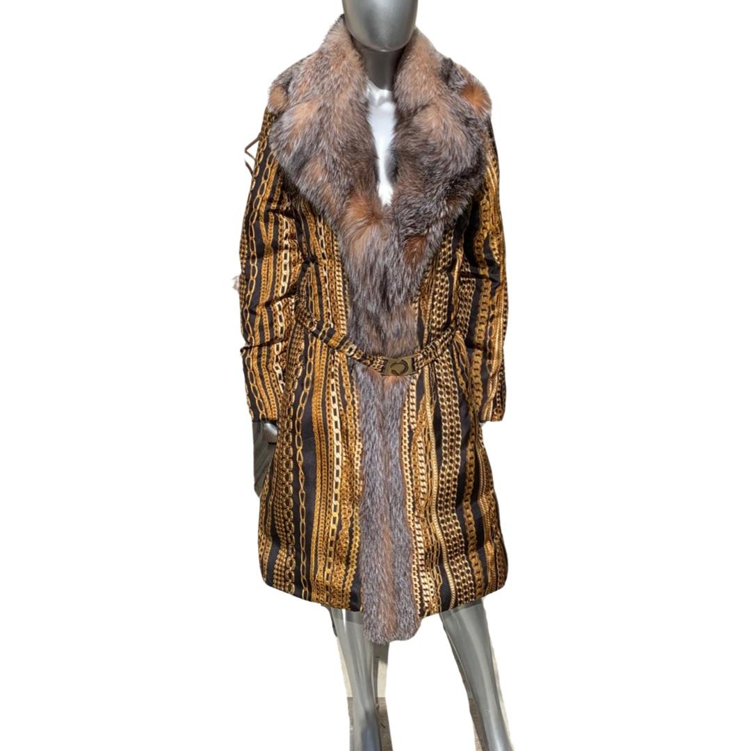Roberto Cavalli Runway Collection Fox Fur & Silk Print Chain Puffer Coat Size 8 2