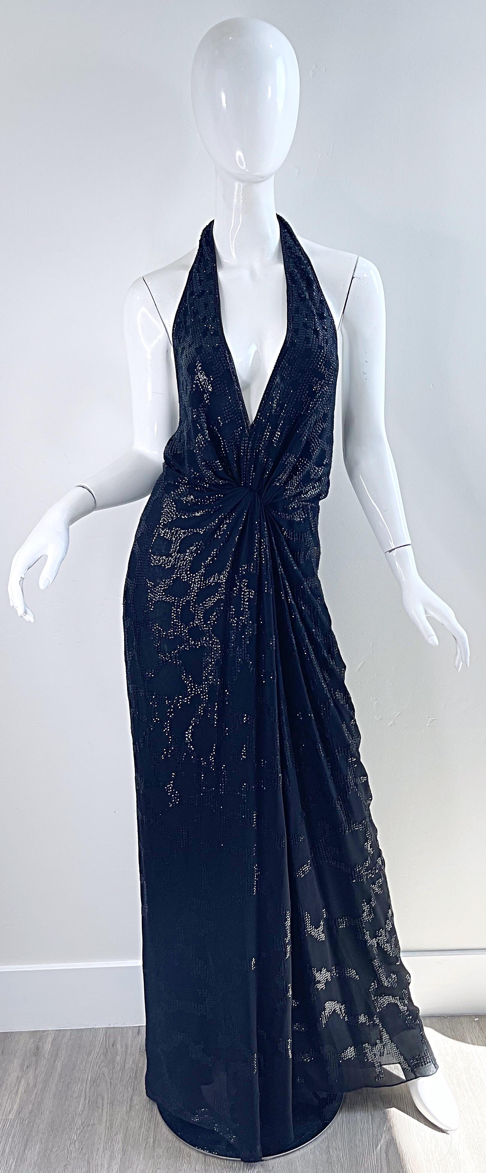 Roberto Cavalli Runway Fall 2006 Sequin Black Silk Chiffon Size 44 Plunging Gown For Sale 7