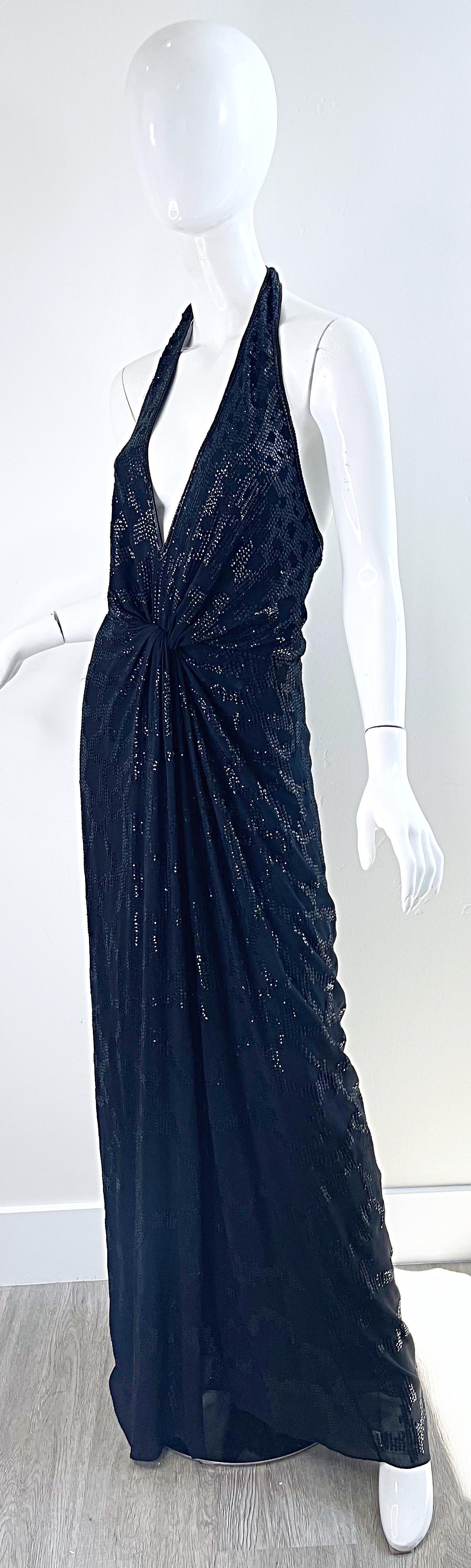 Roberto Cavalli Runway Fall 2006 Sequin Black Silk Chiffon Size 44 Plunging Gown For Sale 11