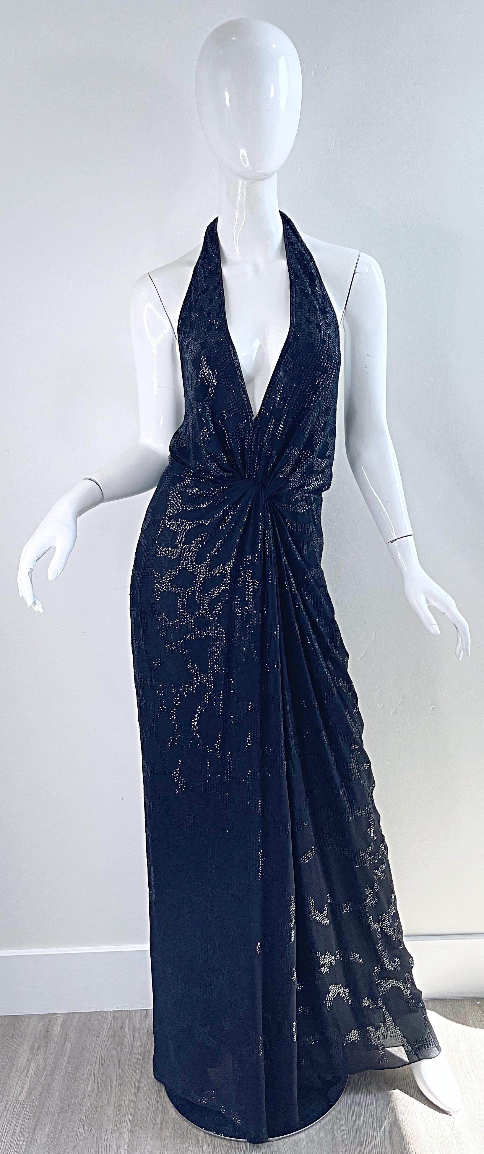 Roberto Cavalli Runway Fall 2006 Sequin Black Silk Chiffon Size 44 Plunging Gown For Sale 13