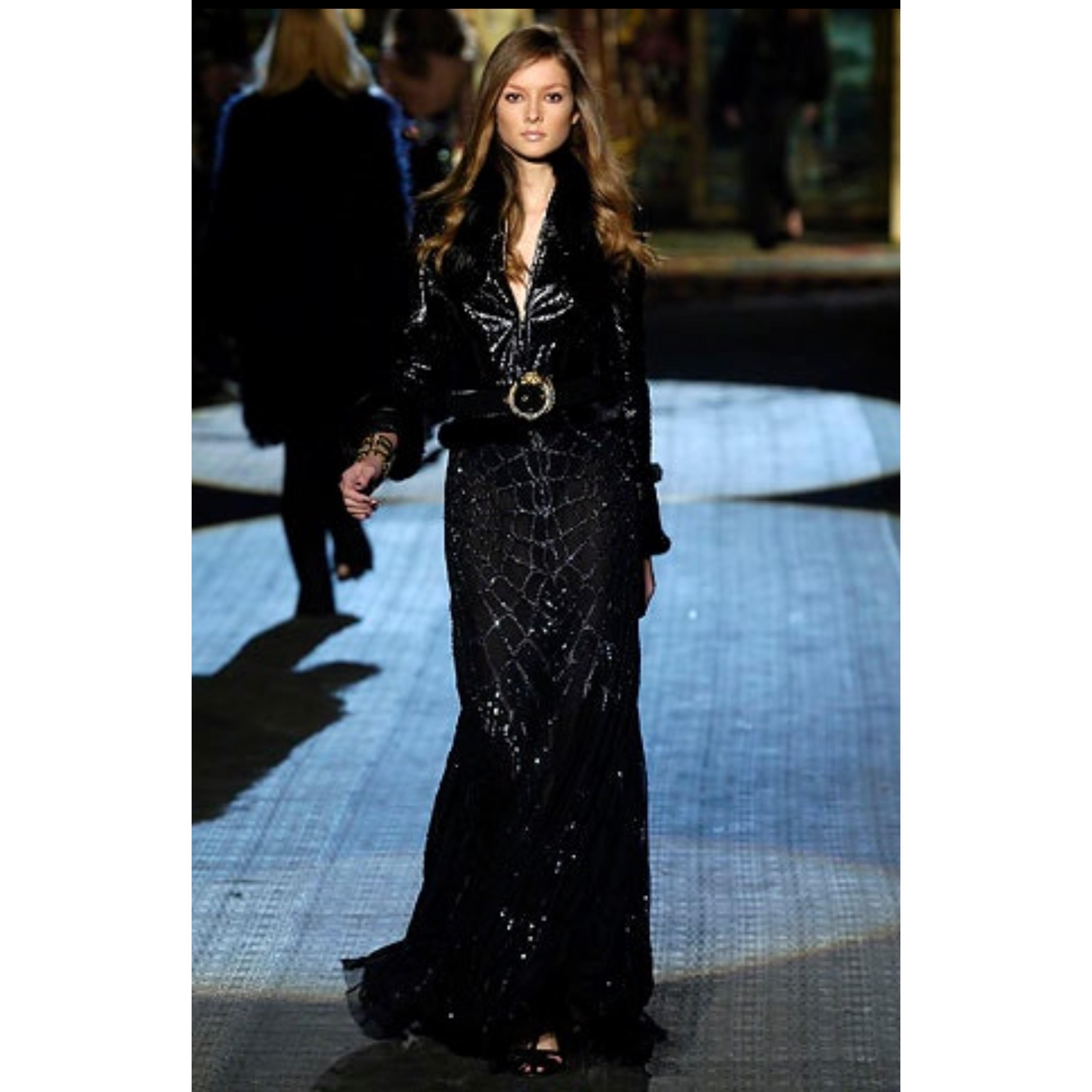 Roberto Cavalli Runway Fall 2006 Sequin Black Silk Chiffon Size 44 Plunging Gown In Excellent Condition For Sale In San Diego, CA