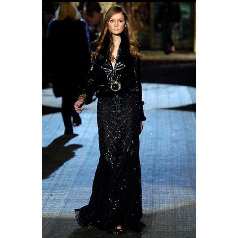 green emerald velvet dress Fall 2006 Valentino Black Silk Dress w Shocking Sequin & Net Side Pane   Shrimpton Couture