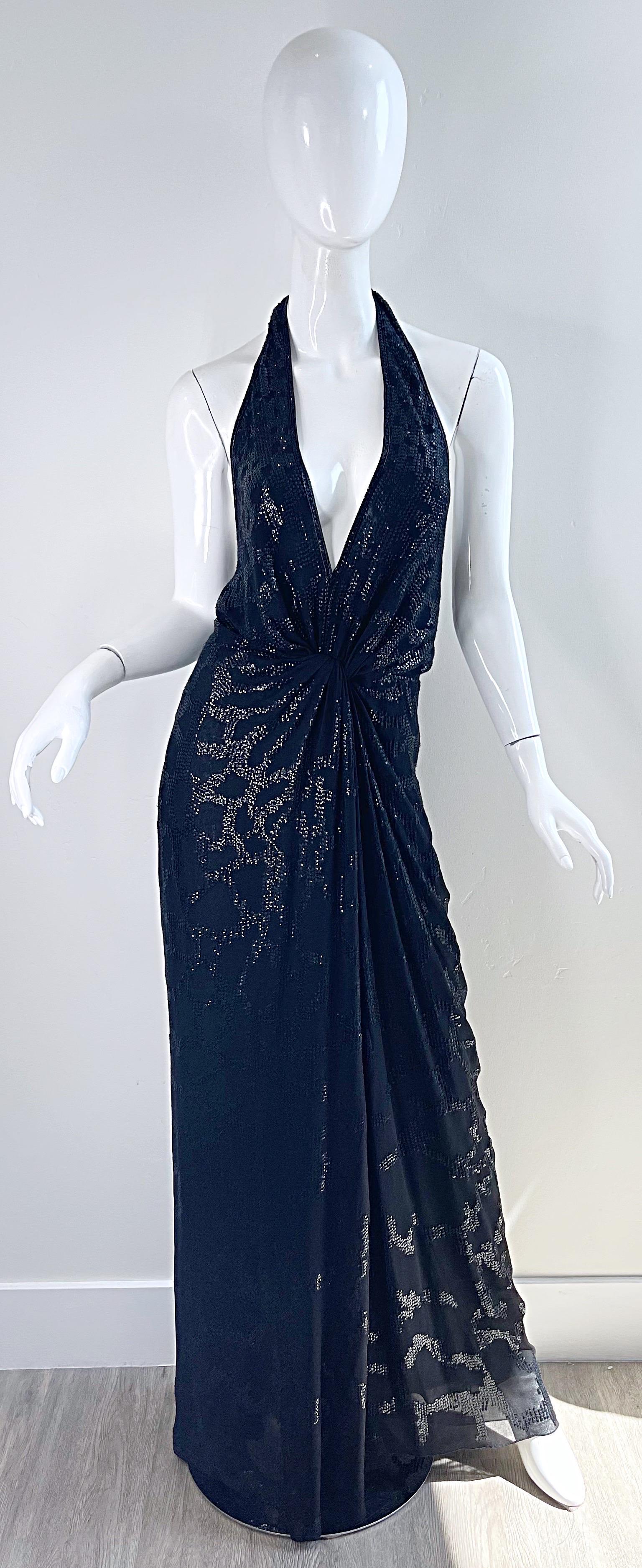 Women's Roberto Cavalli Runway Fall 2006 Sequin Black Silk Chiffon Size 44 Plunging Gown For Sale