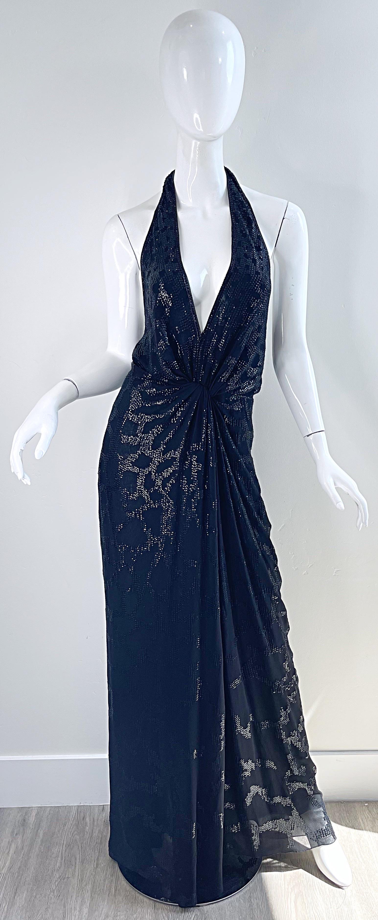 Roberto Cavalli Runway Fall 2006 Sequin Black Silk Chiffon Size 44 Plunging Gown For Sale 3