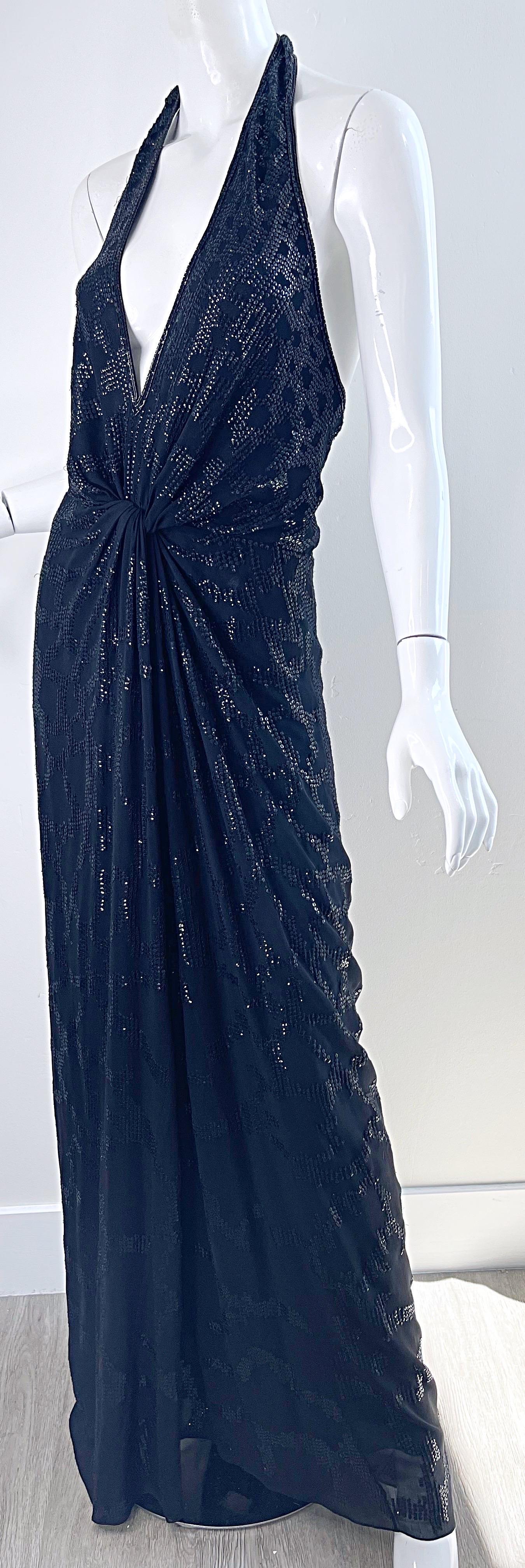 Roberto Cavalli Runway Fall 2006 Sequin Black Silk Chiffon Size 44 Plunging Gown For Sale 4
