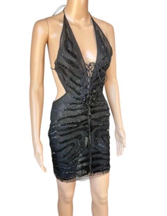 Roberto Cavalli Runway Unworn Embellished Cutout Sheer Black Mini Evening Dress