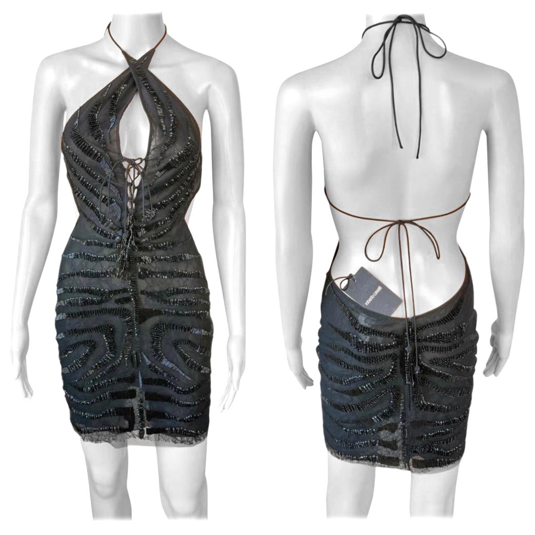 Roberto Cavalli - Mini abito da sera nero con ritaglio impreziosito e non indossato - è il primo a essere stato indossato. in vendita