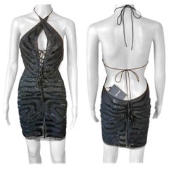 Roberto Cavalli Runway Unworn Embellished Cutout Sheer Black Mini Evening Dress