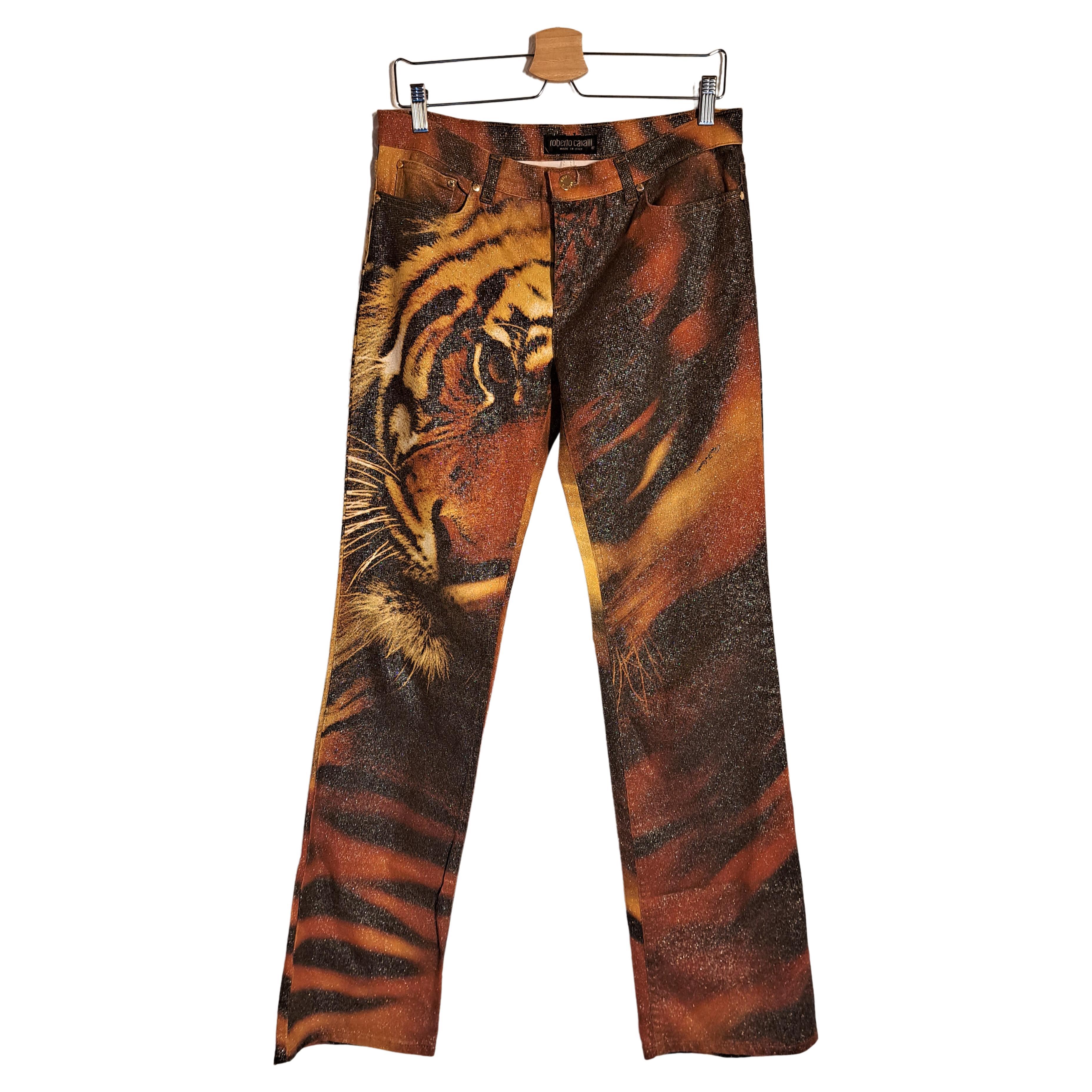 Pantalon droit vintage Roberto Cavalli Runway avec motif tigre 