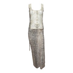 Roberto Cavalli S/S 1998 Ivory And Stone Snake-Print Tank Top And Wrap Maxi Skirt Ensemble