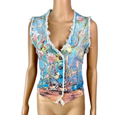 Roberto Cavalli S/S 1998 Vintage Floral Print Denim Vest Top