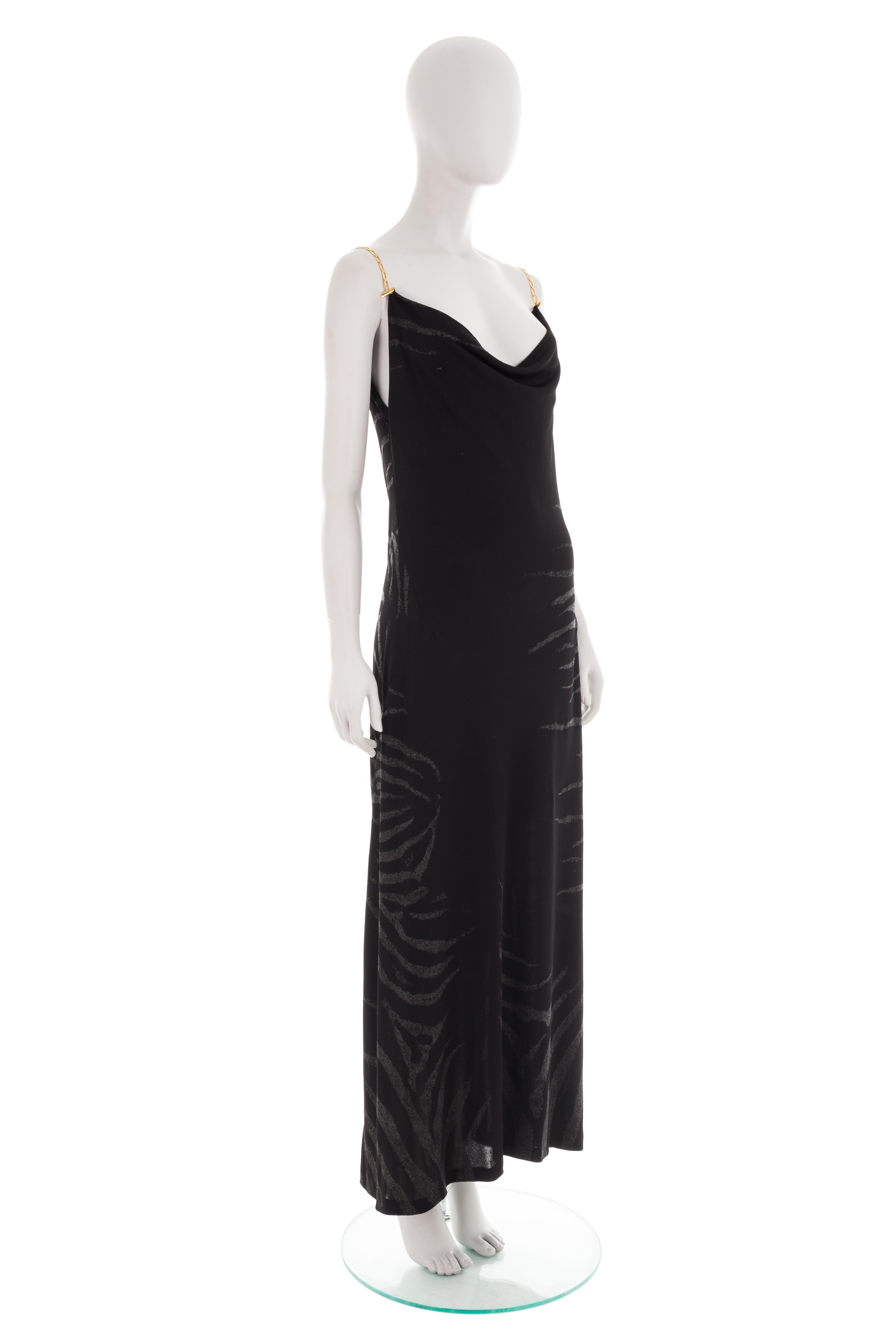 Roberto Cavalli S/S 1999 Vestido negro de cebra con cuello alto y tirantes de cadena Negro en venta