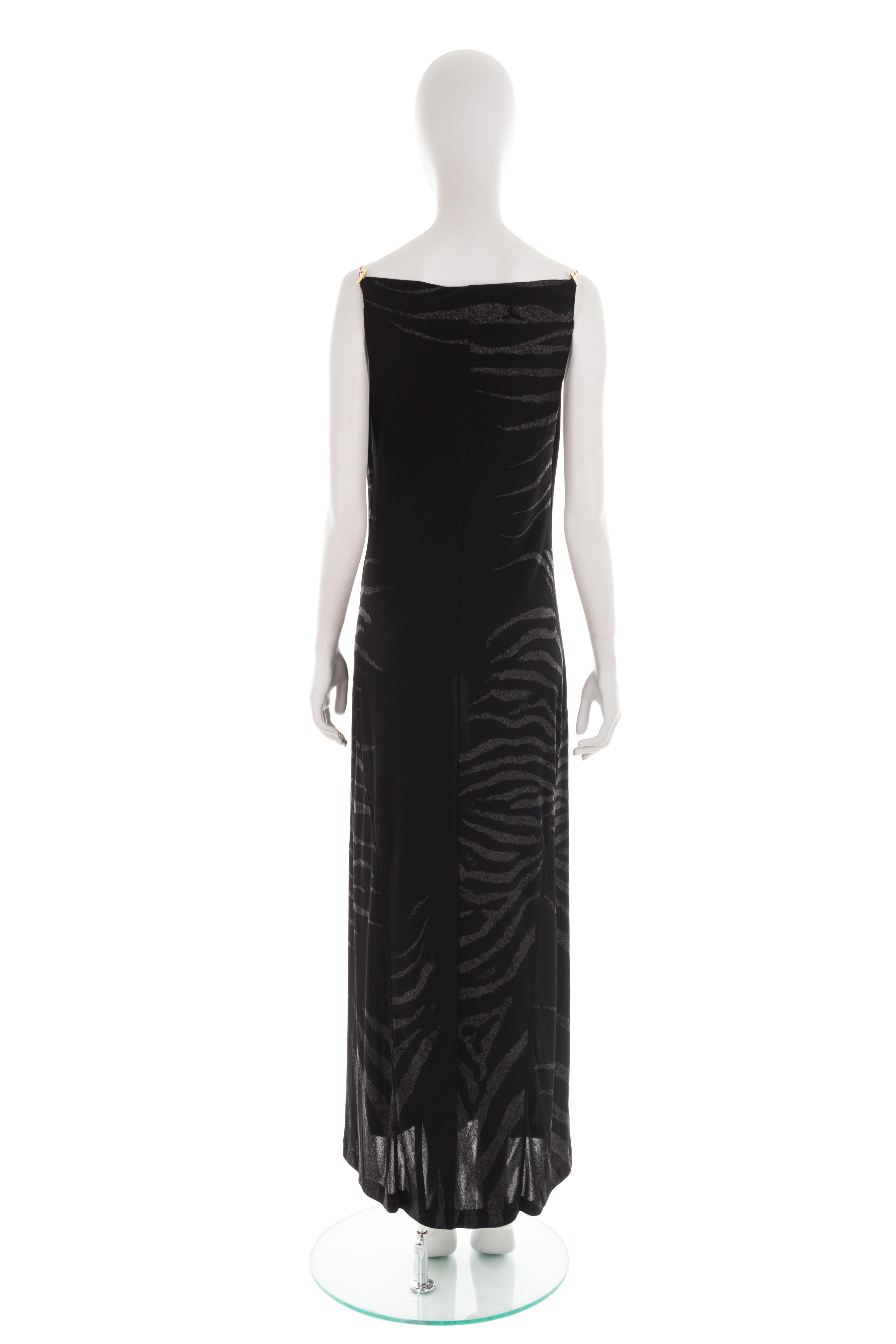 Roberto Cavalli S/S 1999 Vestido negro de cebra con cuello alto y tirantes de cadena en venta 1