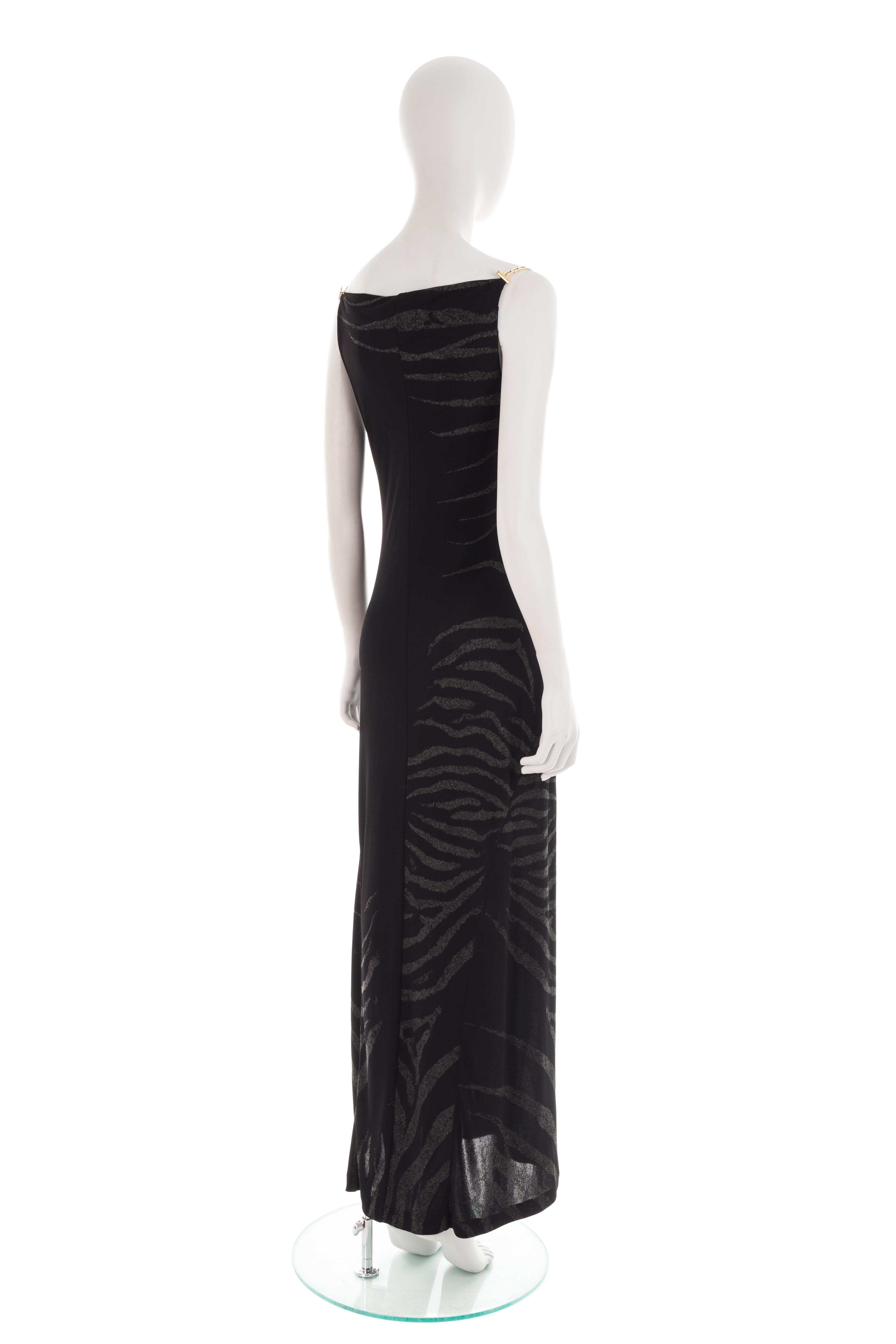 Roberto Cavalli S/S 1999 Vestido negro de cebra con cuello alto y tirantes de cadena en venta 2
