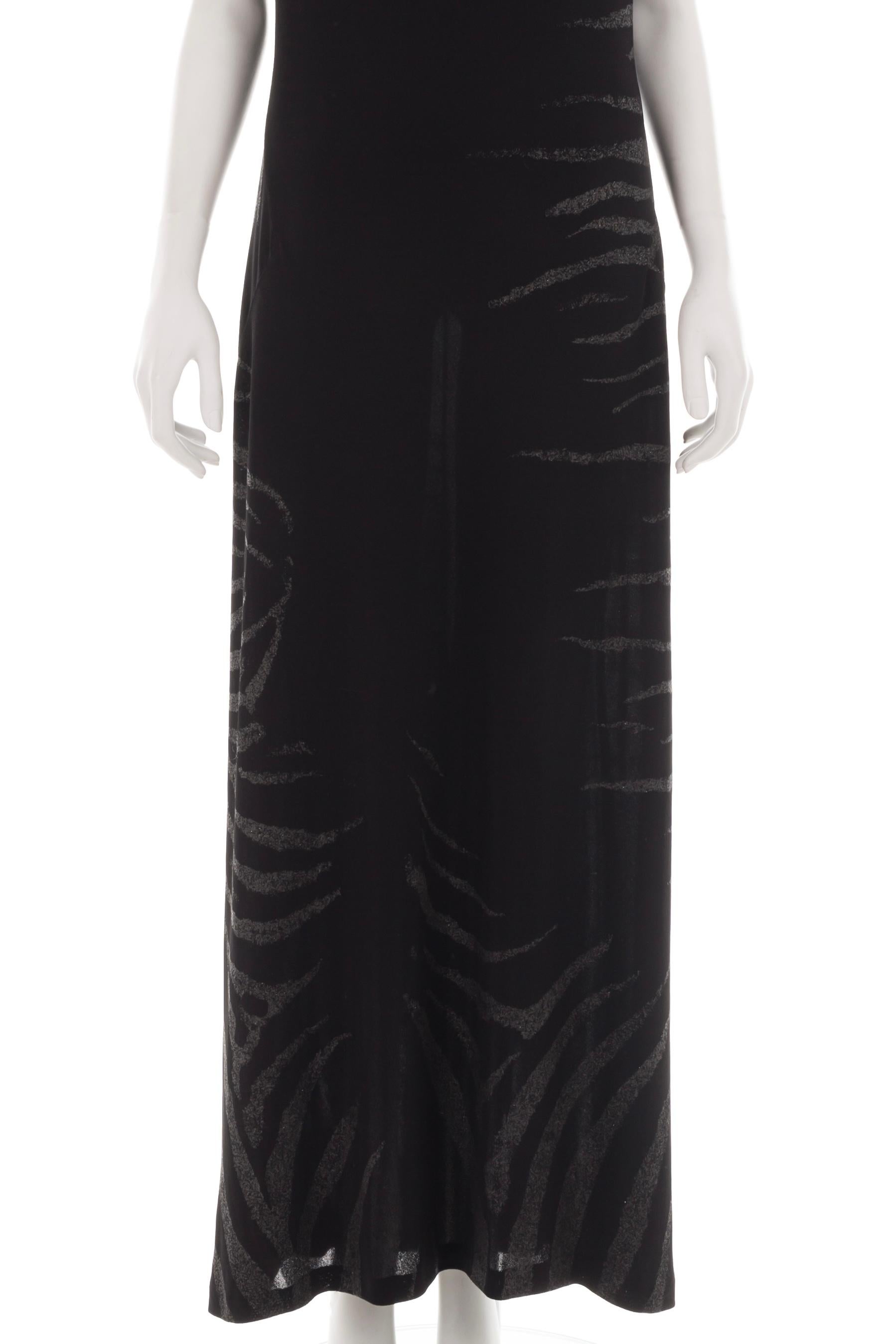 Femenino o masculino Roberto Cavalli S/S 1999 Vestido negro de cebra con cuello alto y tirantes de cadena en venta