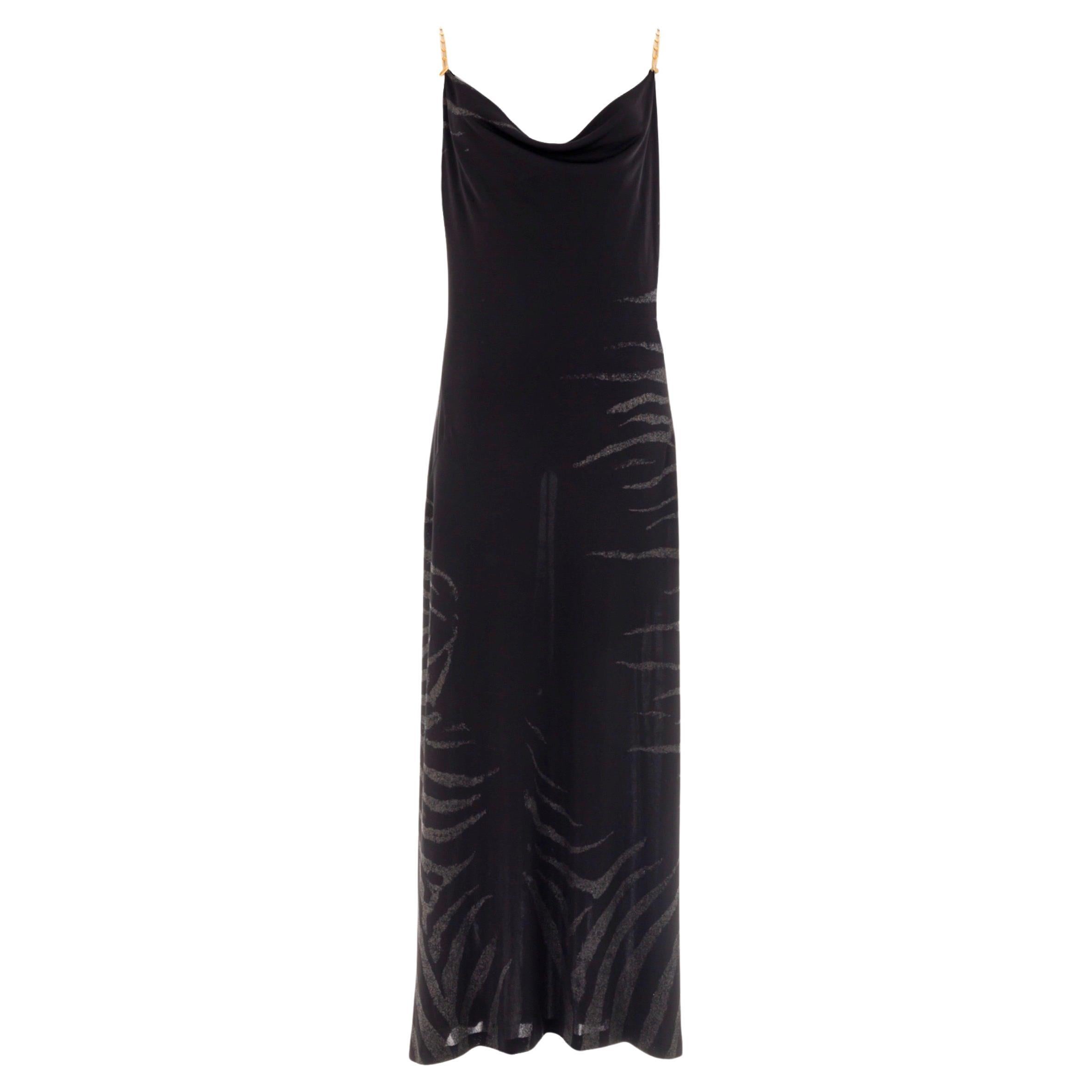 Roberto Cavalli S/S 1999 Vestido negro de cebra con cuello alto y tirantes de cadena en venta