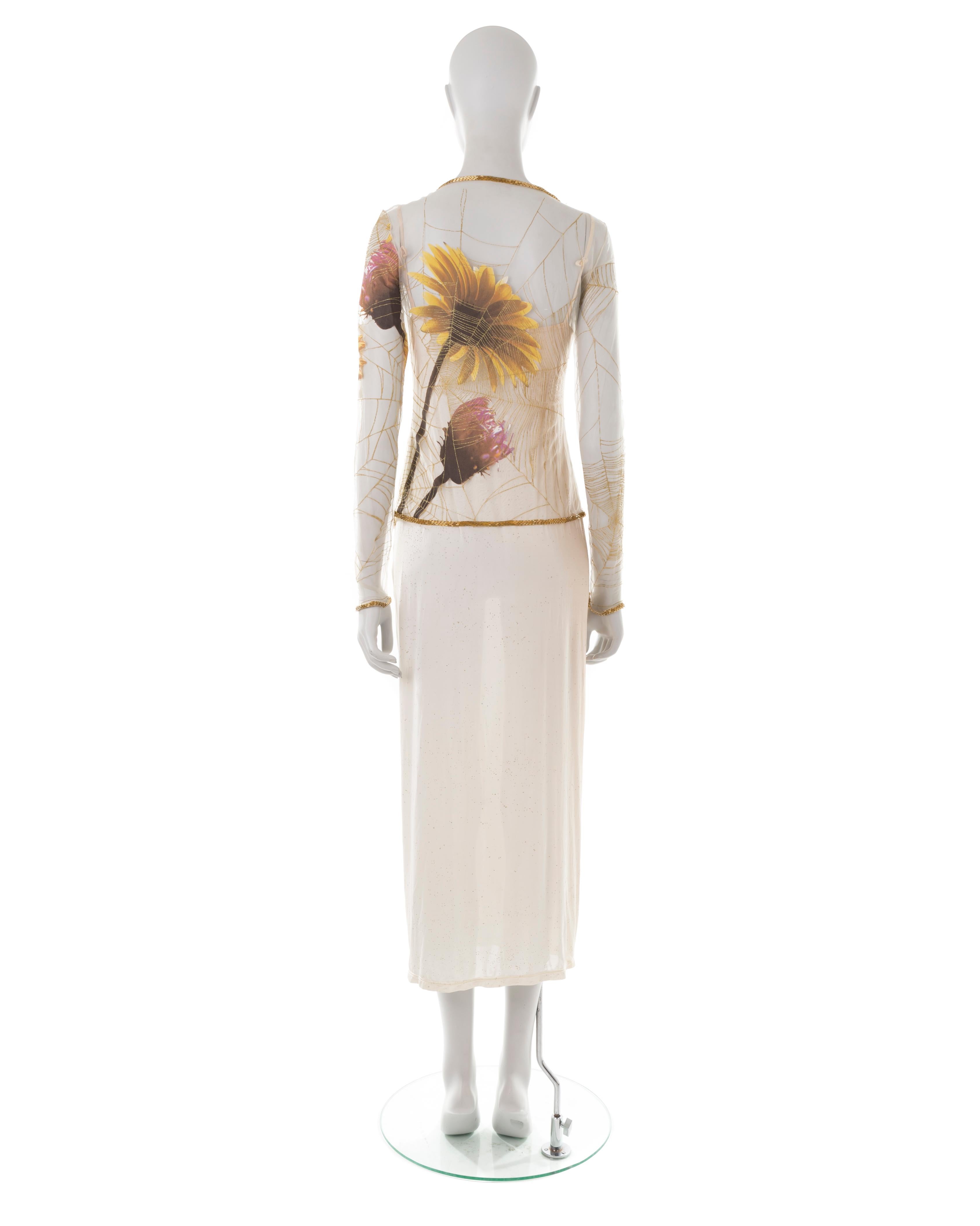Roberto Cavalli S/S 1999 robe ombrée crème pailletée maille + cardigan fleuri perlé Excellent état - En vente à Rome, IT