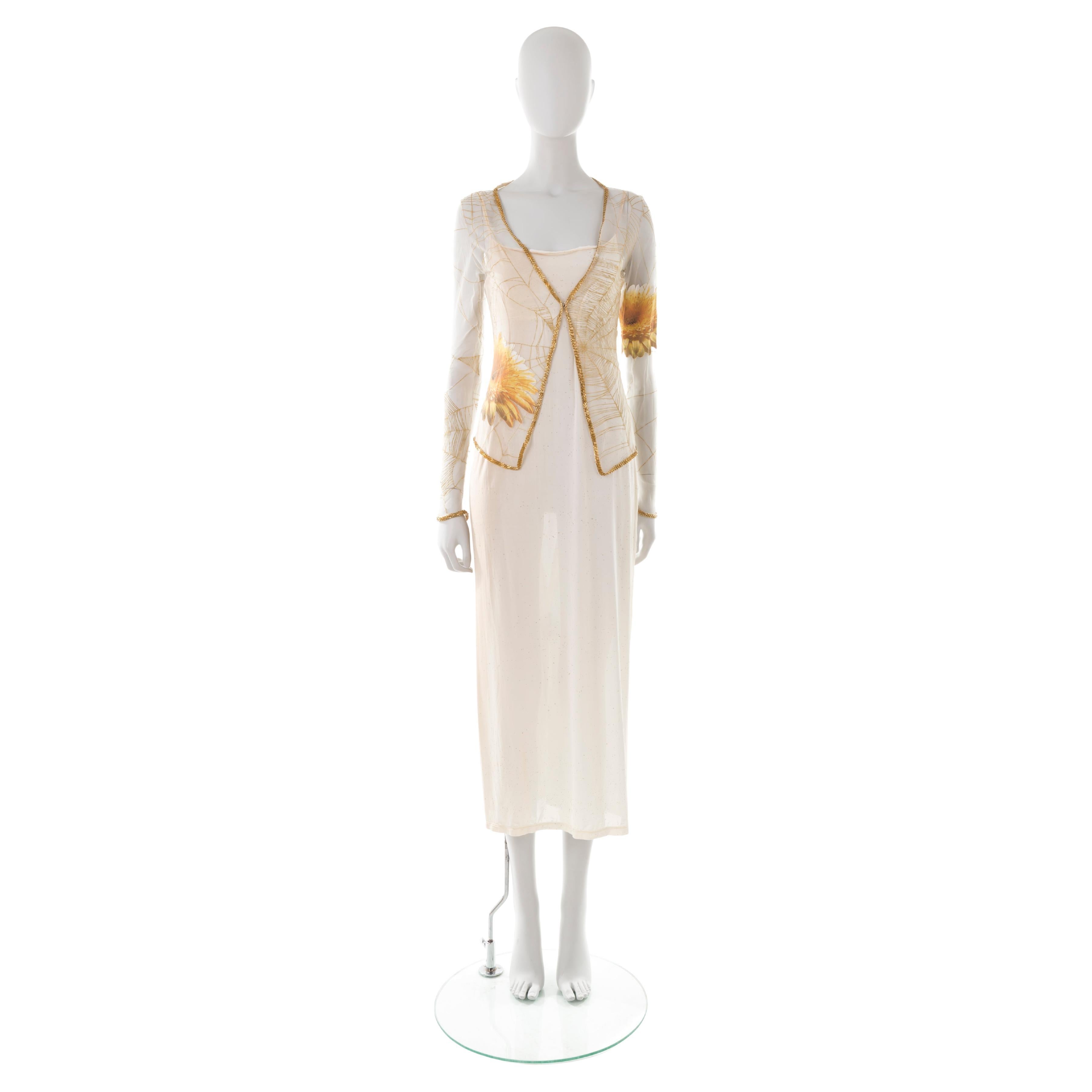 Roberto Cavalli S/S 1999 robe ombrée crème pailletée maille + cardigan fleuri perlé en vente
