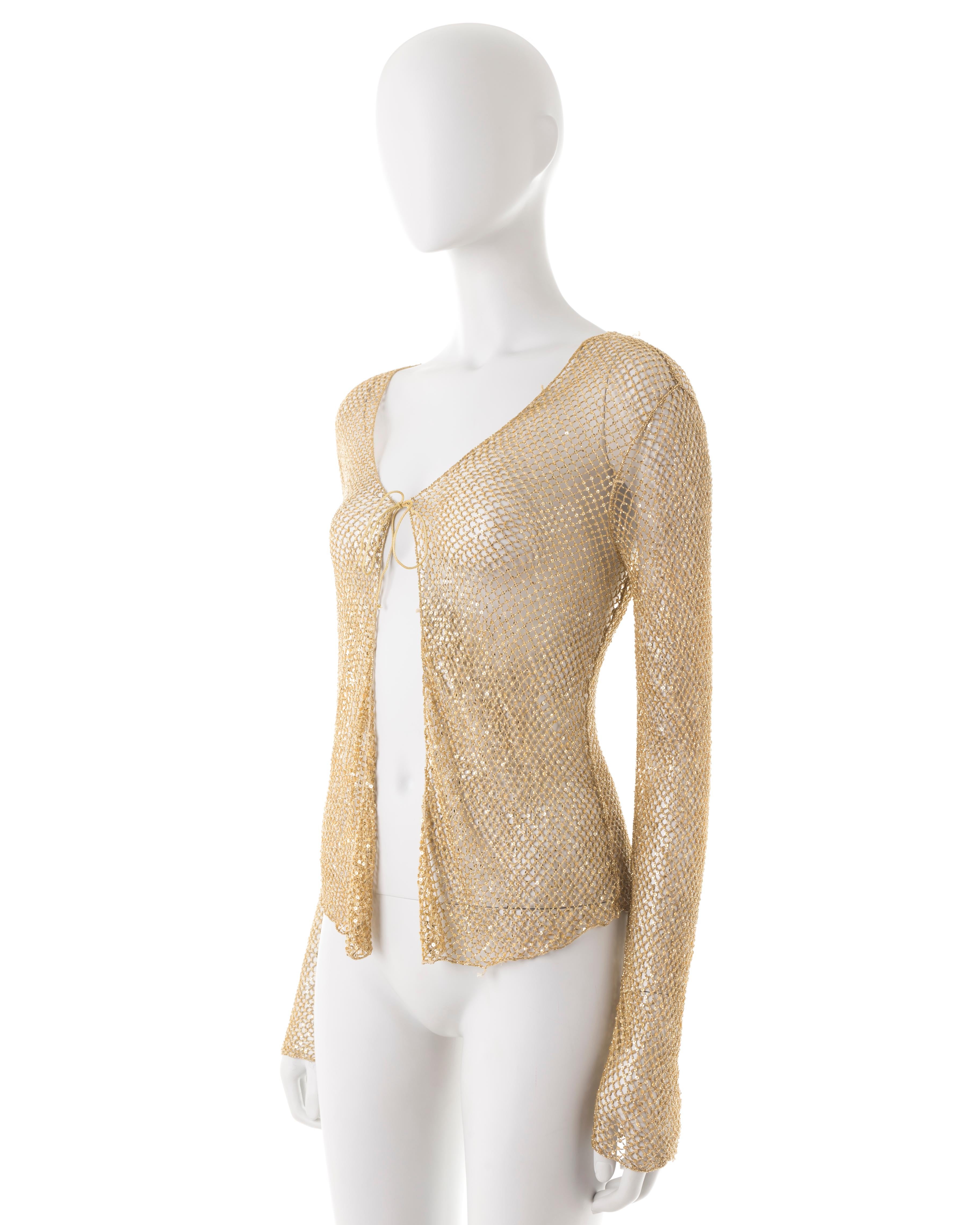 Gold Roberto Cavalli S/S 1999 gold beaded fishnet cardigan For Sale