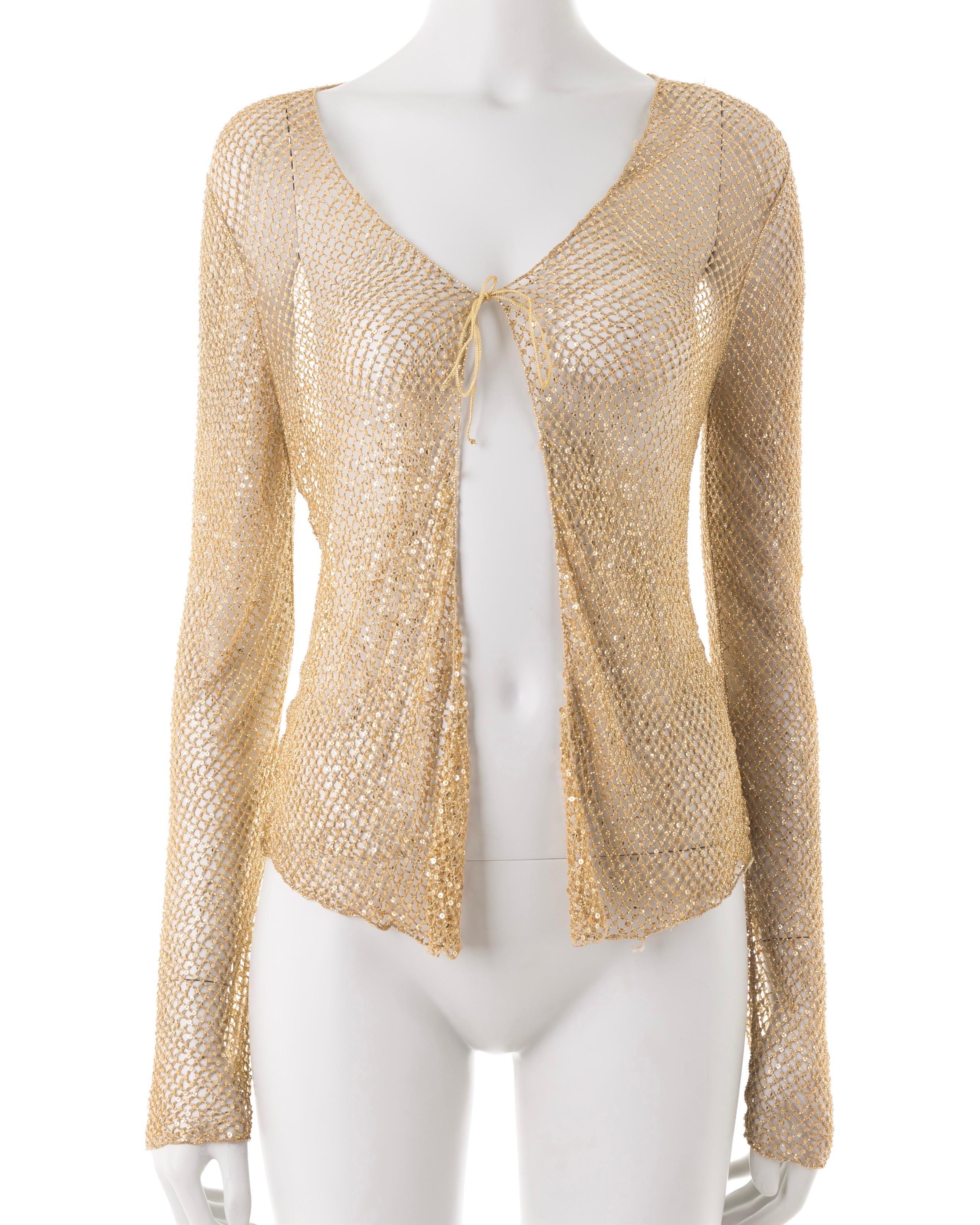 Roberto Cavalli S/S 1999 gold beaded fishnet cardigan For Sale