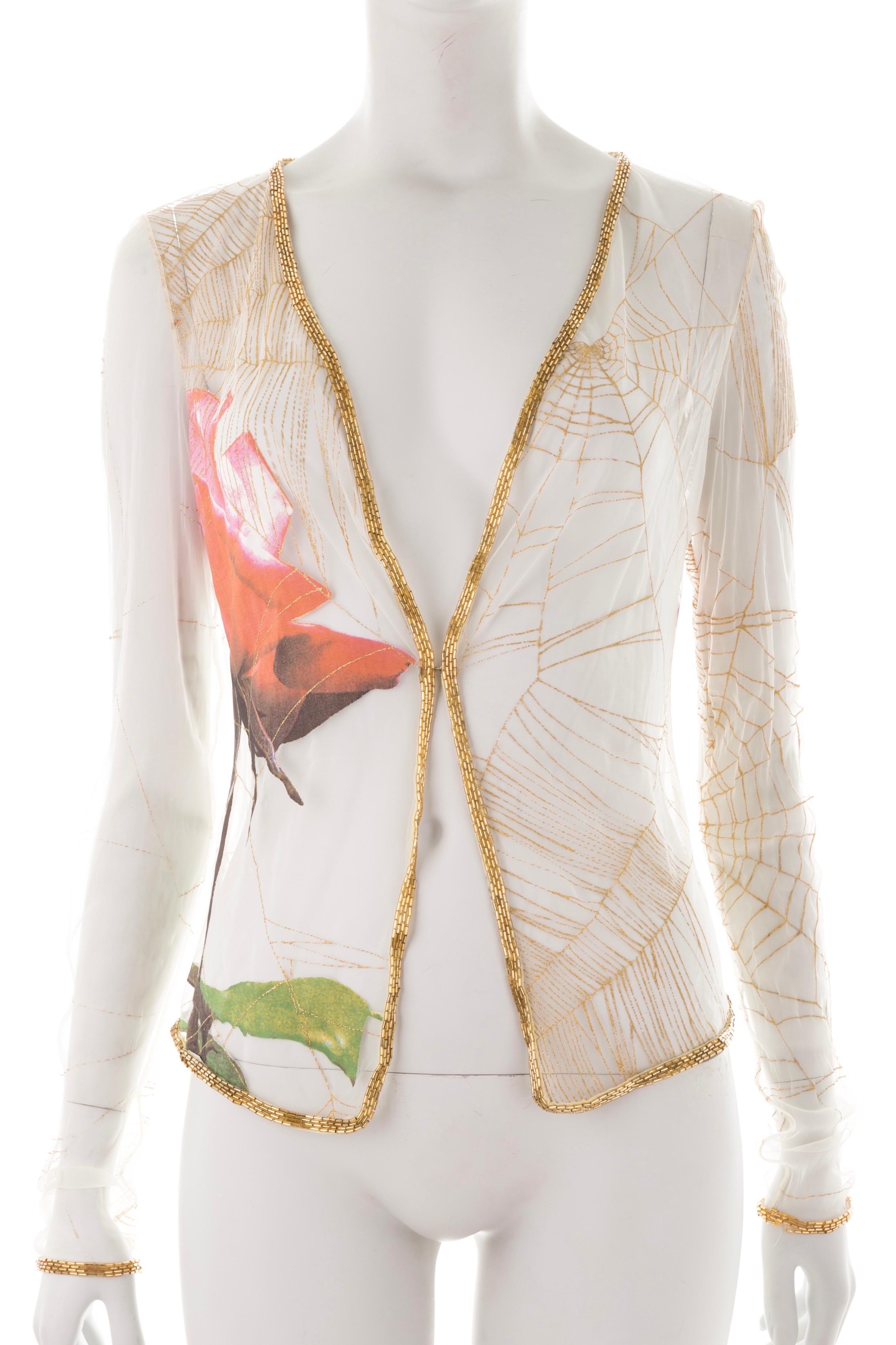 Roberto Cavalli S/S 1999 mesh floral beaded cardigan For Sale