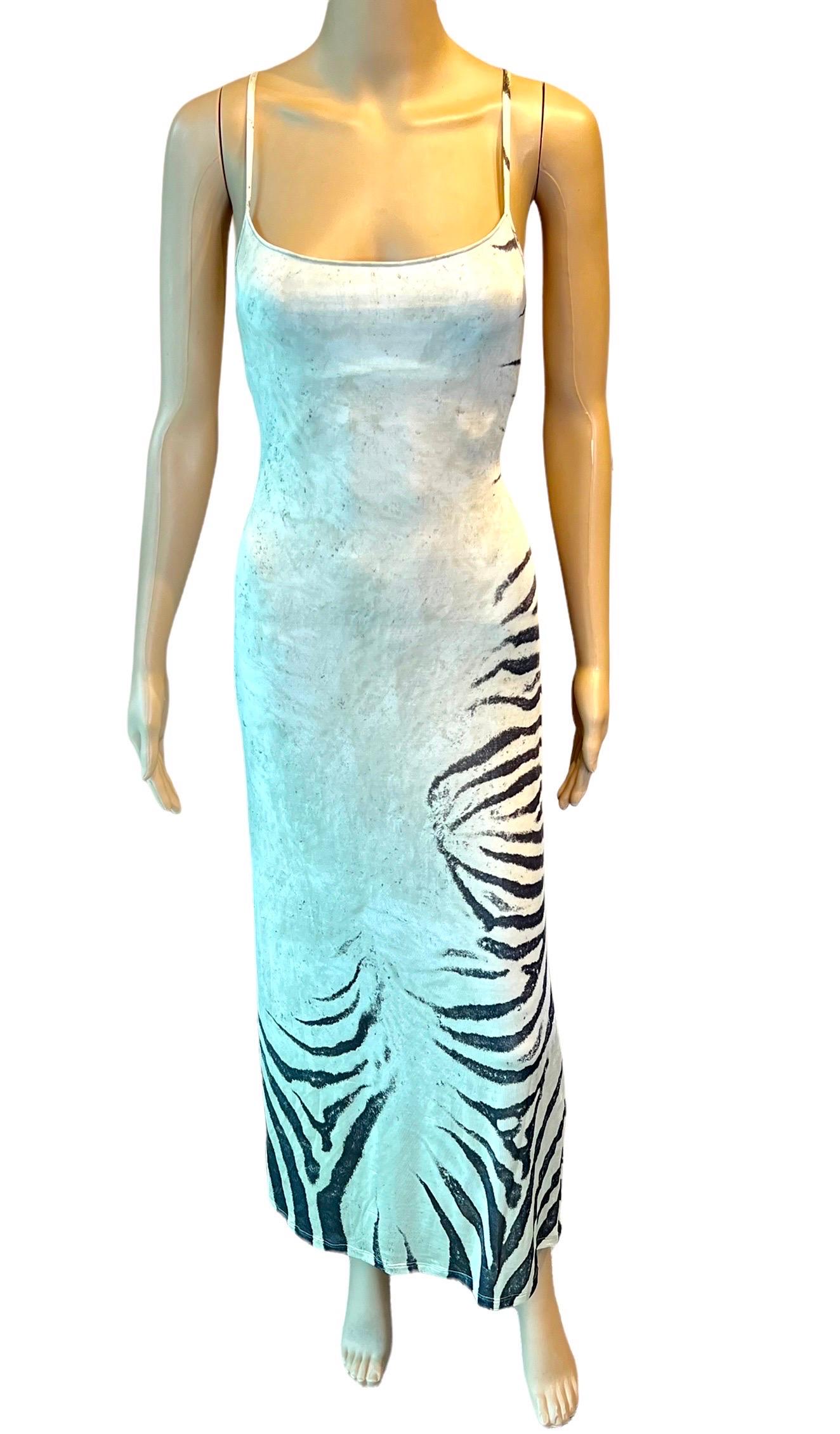Roberto Cavalli S/S 1999 Runway Semi-Sheer Zebra Print Slip Evening Maxi Dress Size S