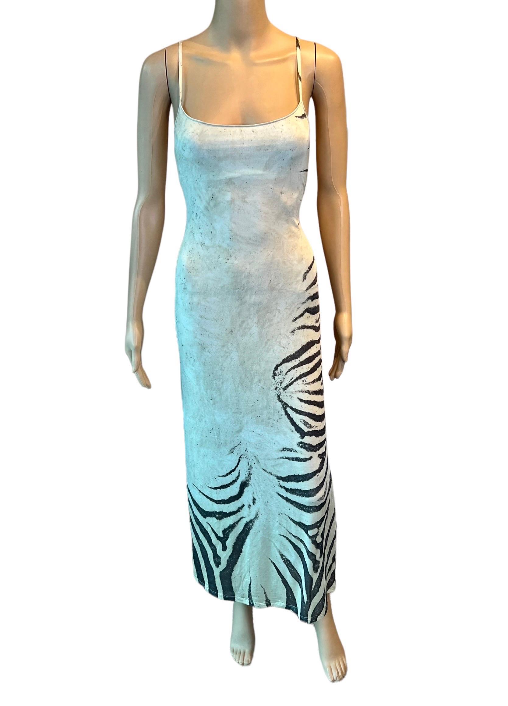 Blue Roberto Cavalli S/S 1999 Runway Semi-Sheer Zebra Print Slip Evening Maxi Dress