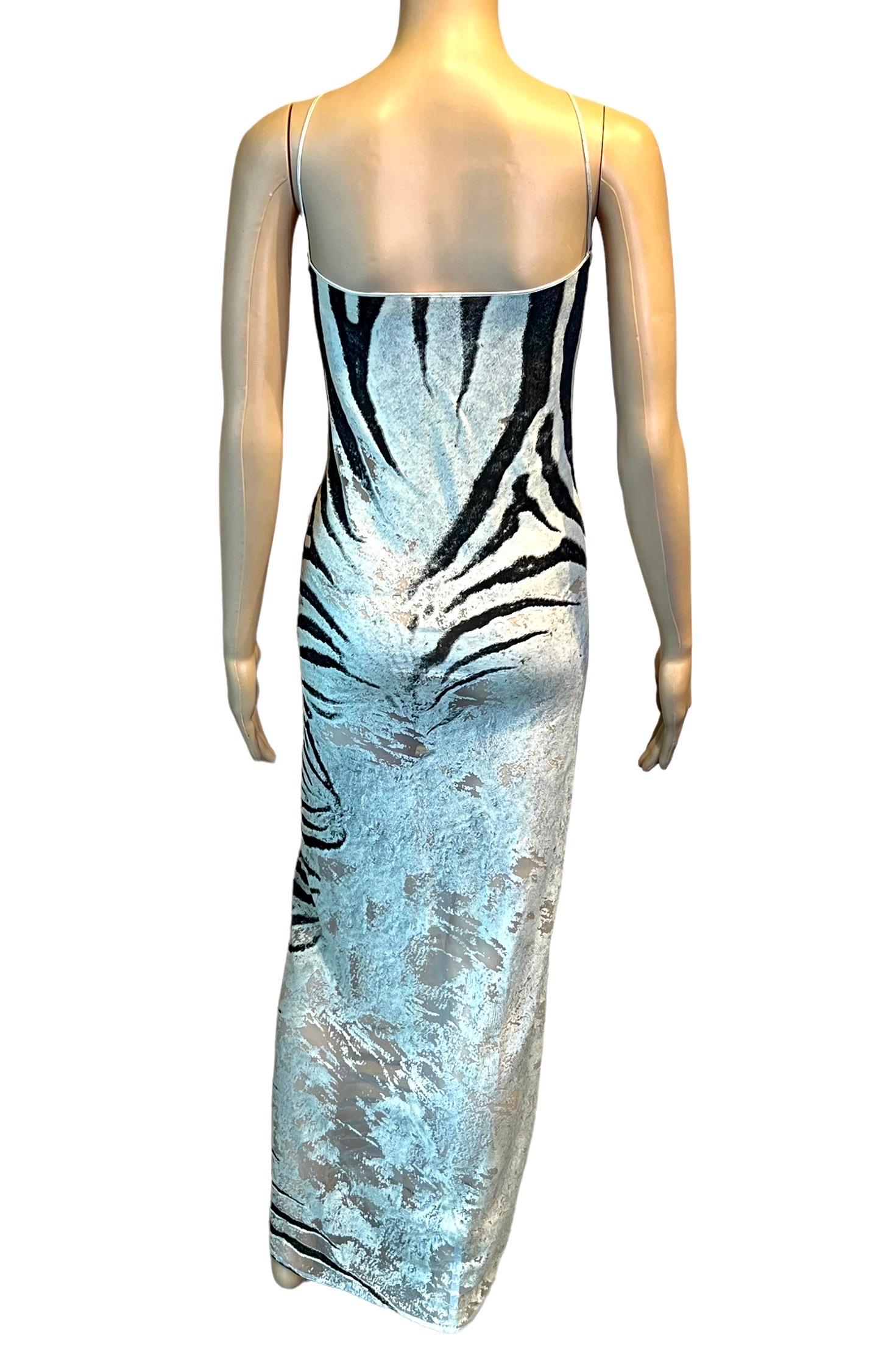 Roberto Cavalli S/S 1999 Runway Sheer Mesh Zebra Print Slip Evening Dress Gown Size M