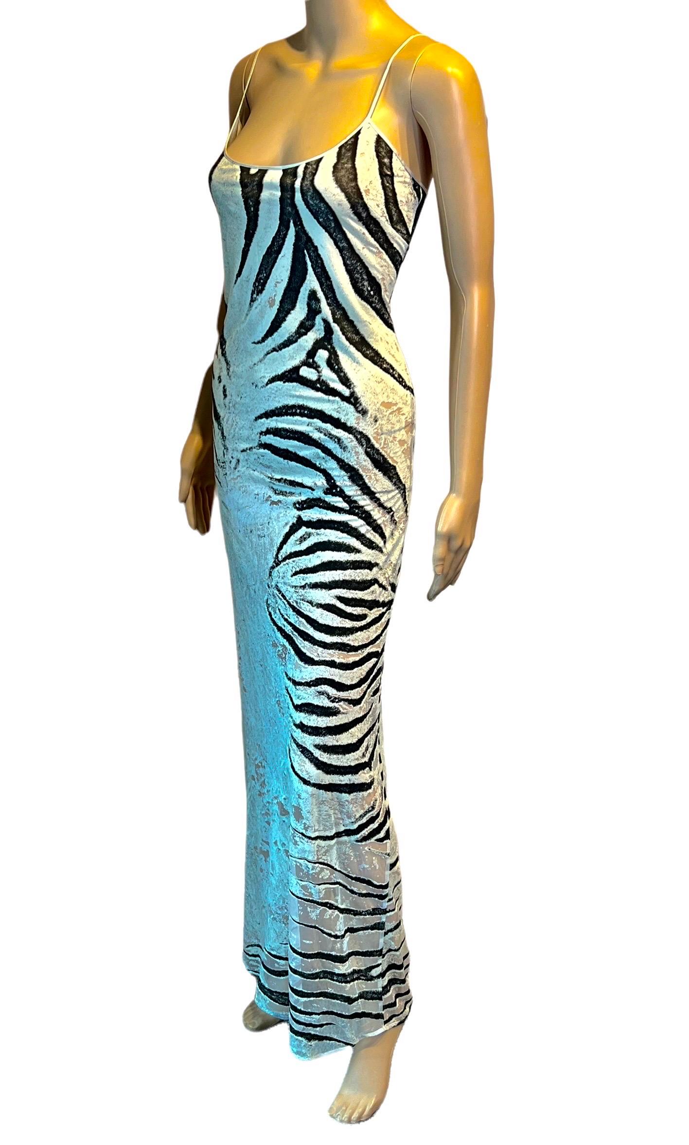 Blue Roberto Cavalli S/S 1999 Runway Sheer Mesh Zebra Print Slip Evening Dress Gown For Sale