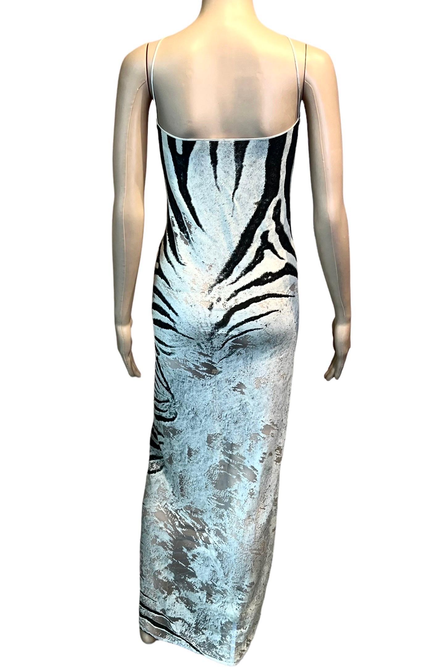 Roberto Cavalli S/S 1999 Runway Sheer Mesh Zebra Print Slip Evening Dress Gown In Good Condition For Sale In Naples, FL