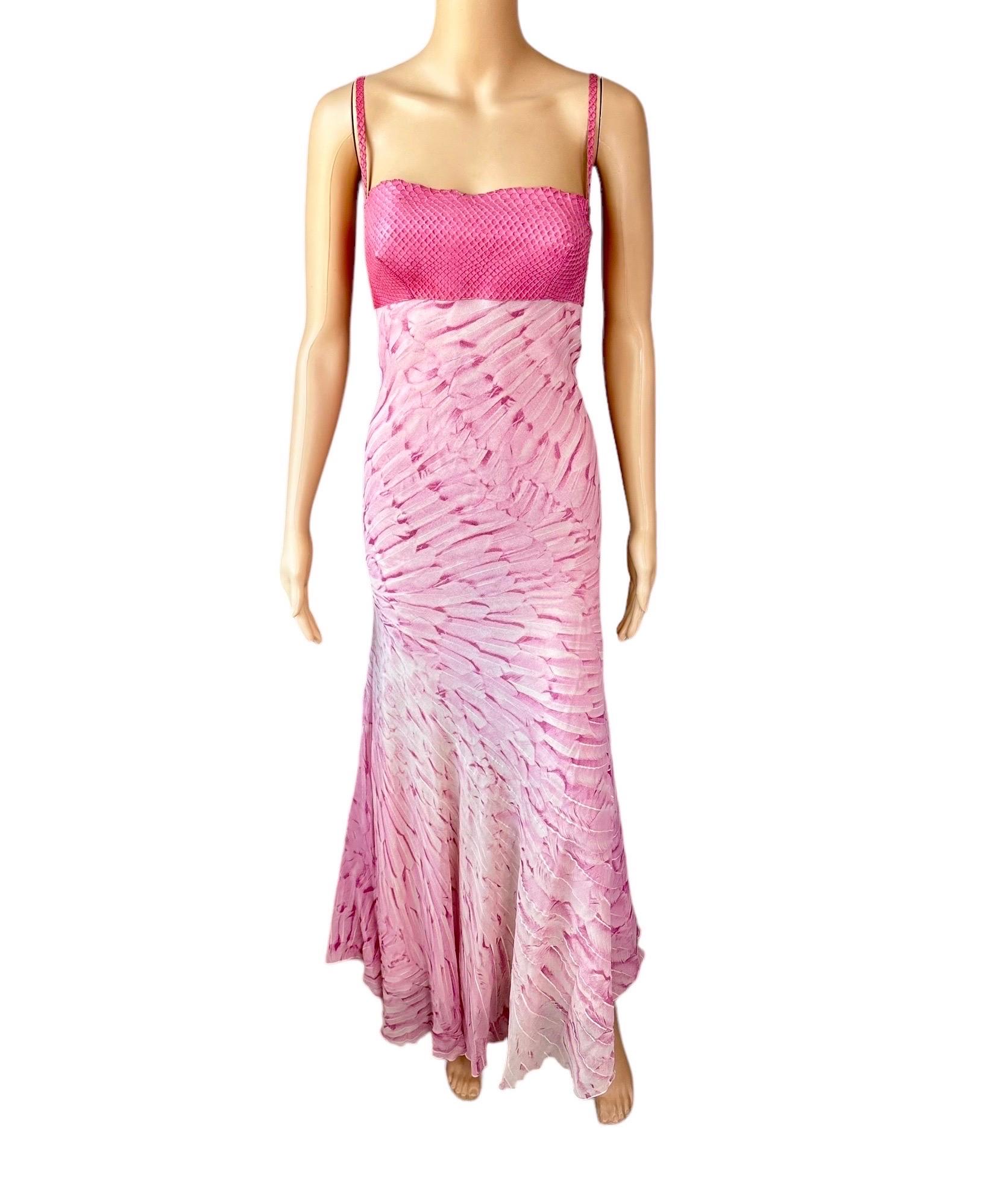 Roberto Cavalli S/S 1999 Runway Snakeskin Feather Print Silk Maxi Evening Dress For Sale 6