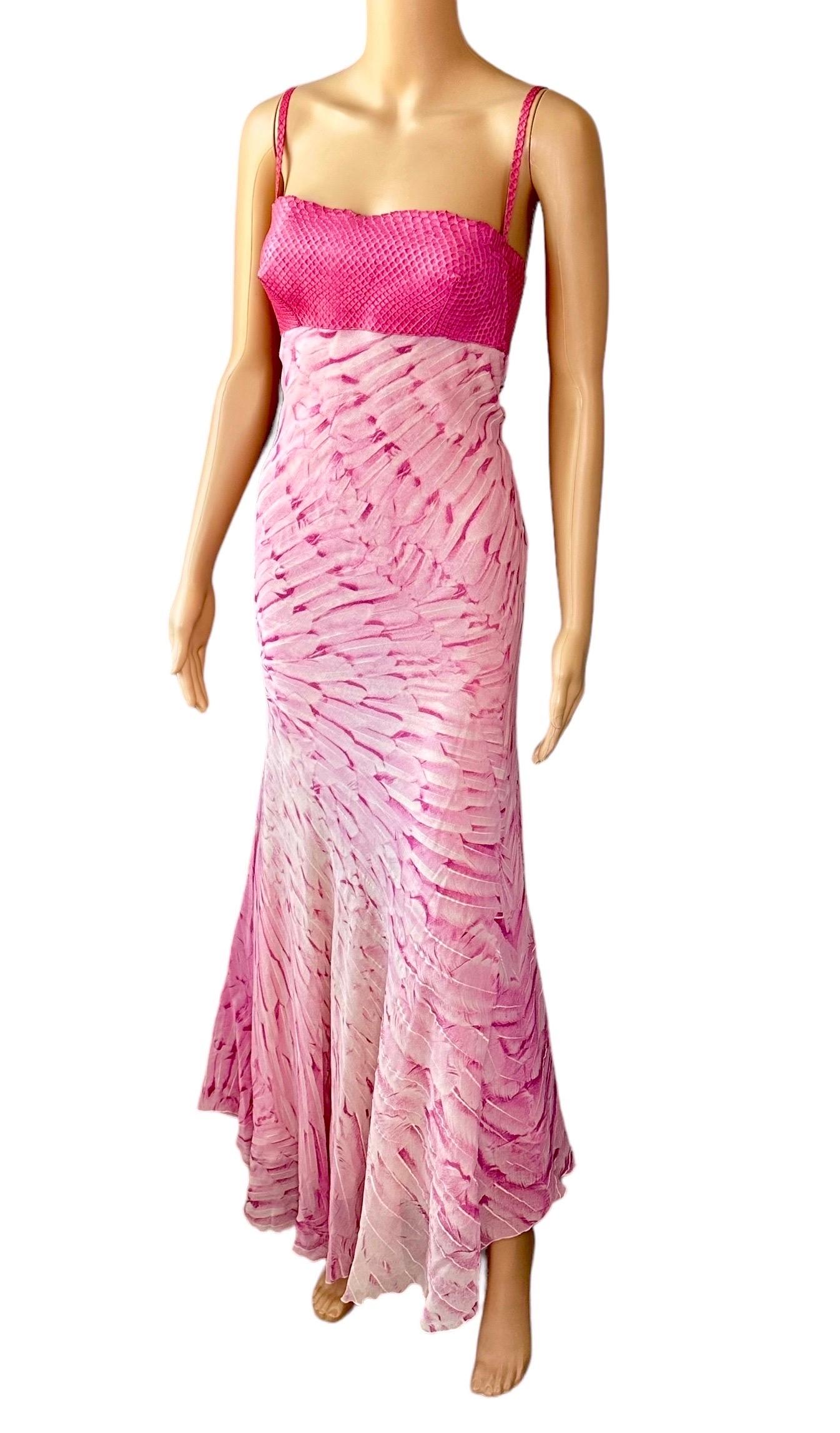 Roberto Cavalli S/S 1999 Runway Snakeskin Feather Print Silk Slip Maxi Evening Dress 

Size S

Seen on the S/S 1999 runway in the nude color.

Condition: There is a small patch of snakeskin under the right shoulder that has hardened and darkened