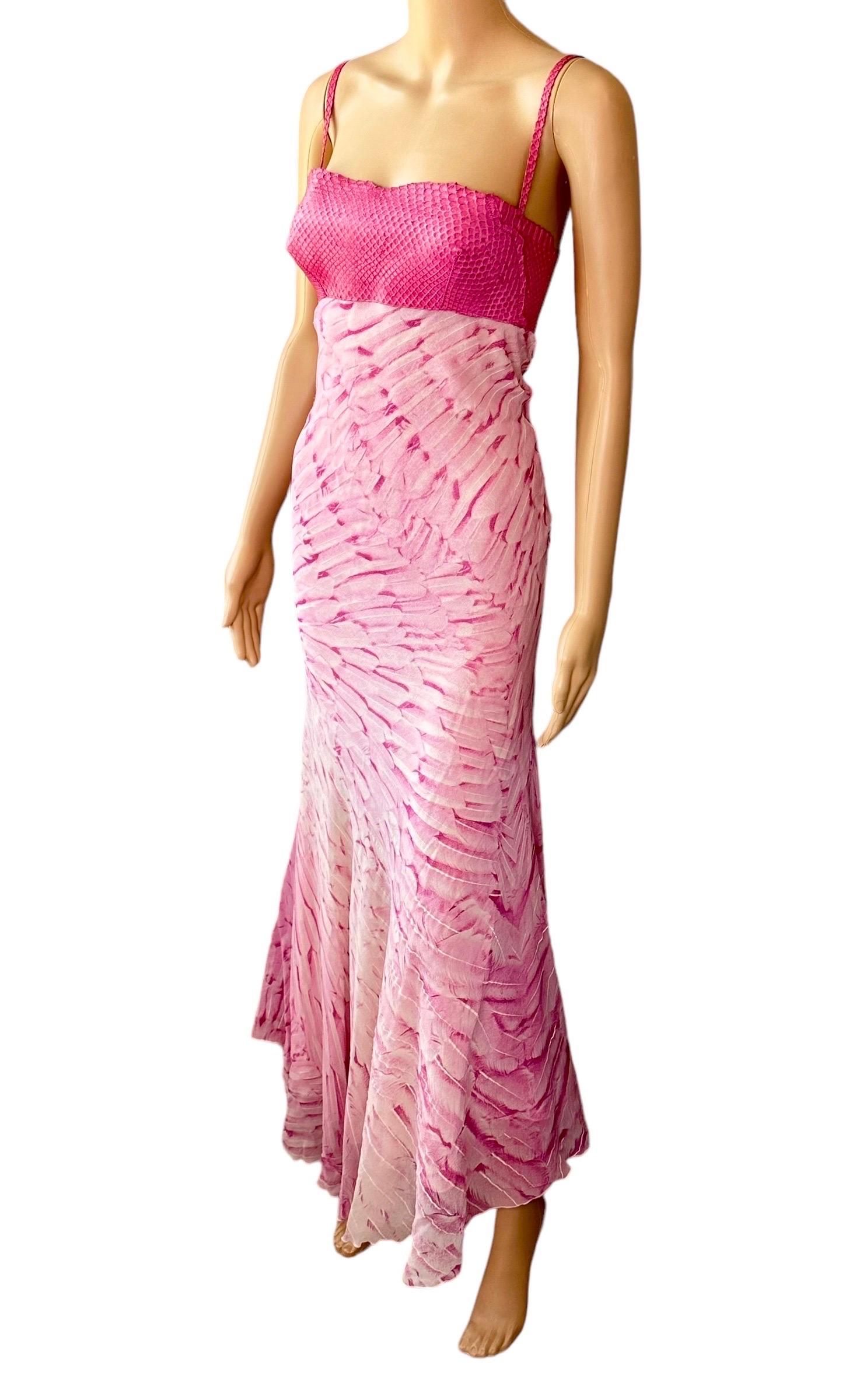 Roberto Cavalli S/S 1999 Runway Snakeskin Feather Print Silk Maxi Evening Dress In Good Condition For Sale In Naples, FL