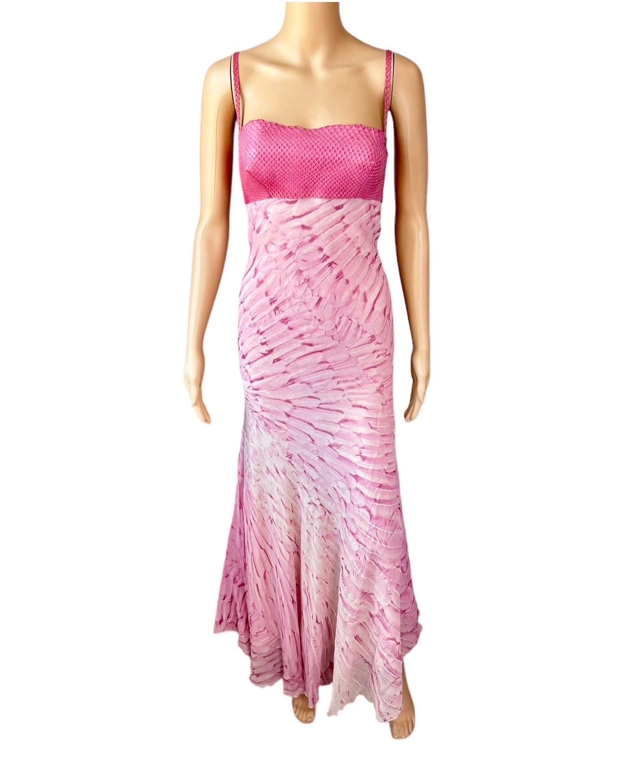 Women's Roberto Cavalli S/S 1999 Runway Snakeskin Feather Print Silk Maxi Evening Dress For Sale