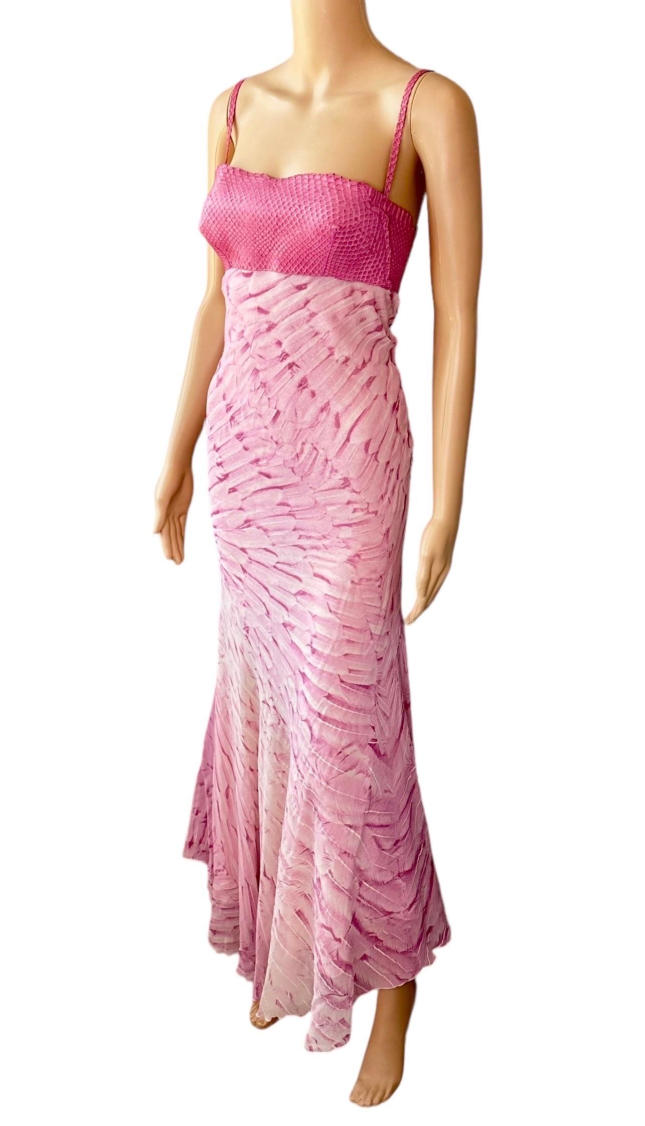 Roberto Cavalli S/S 1999 Runway Snakeskin Feather Print Silk Maxi Evening Dress For Sale 2
