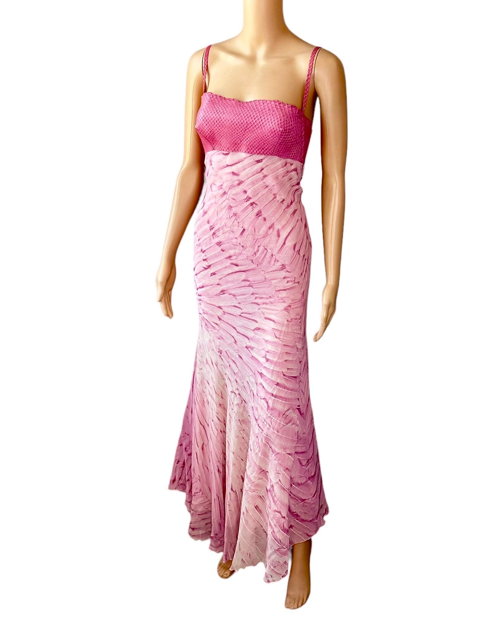 Roberto Cavalli S/S 1999 Runway Snakeskin Feather Print Silk Maxi Evening Dress For Sale 3