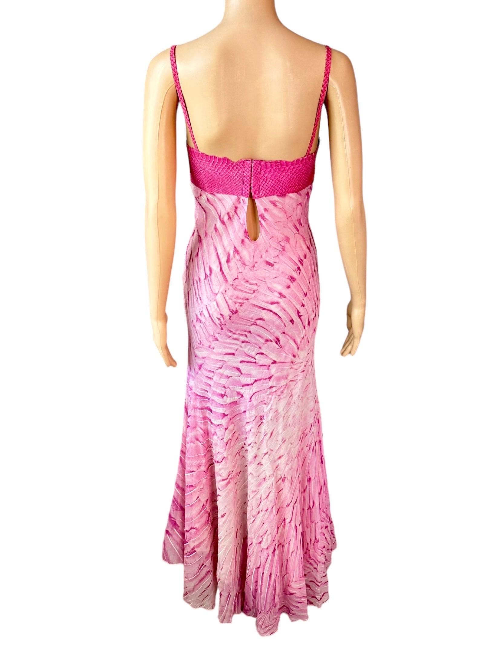 Roberto Cavalli S/S 1999 Runway Snakeskin Feather Print Silk Maxi Evening Dress For Sale 4