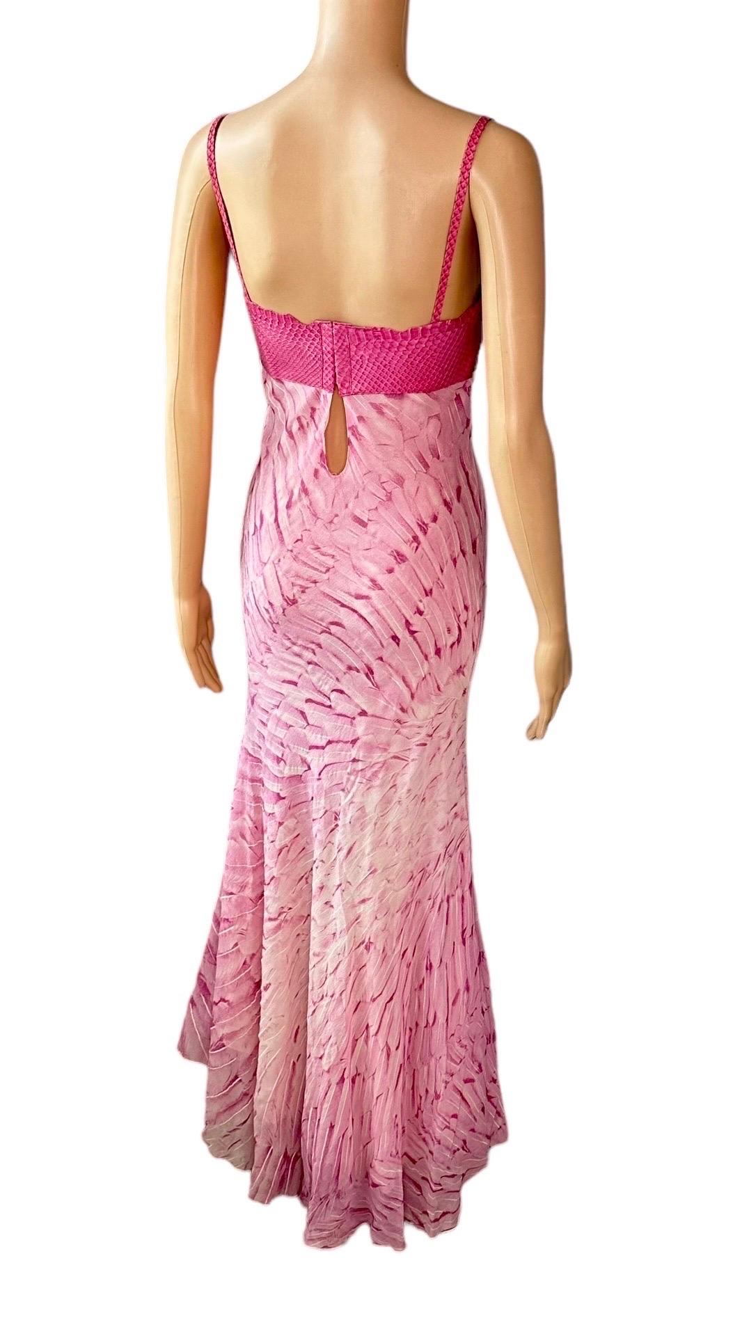 Roberto Cavalli S/S 1999 Runway Snakeskin Feather Print Silk Maxi Evening Dress For Sale 5