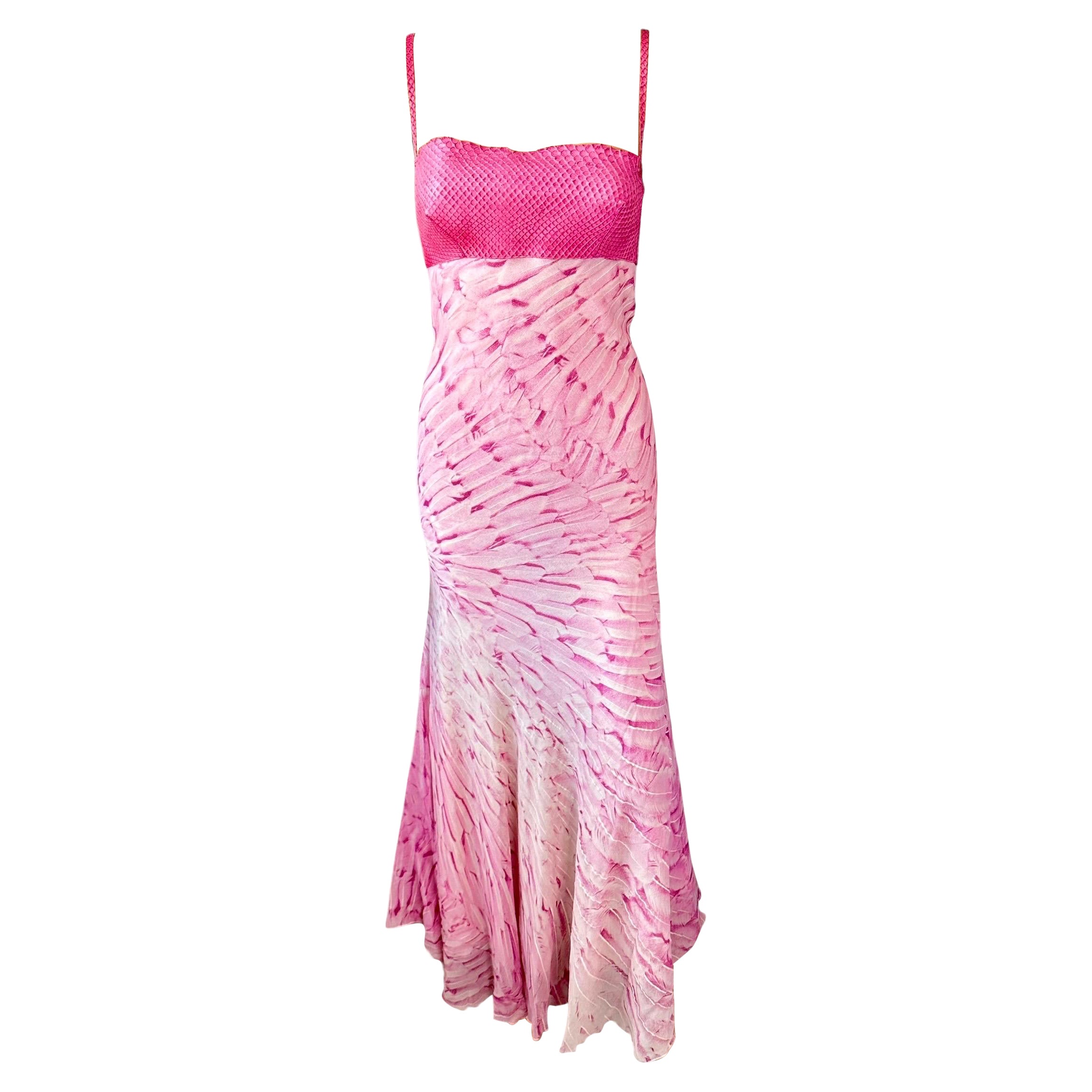 Roberto Cavalli S/S 1999 Runway Snakeskin Feather Print Silk Maxi Evening Dress (Robe de soirée longue en soie imprimée) en vente