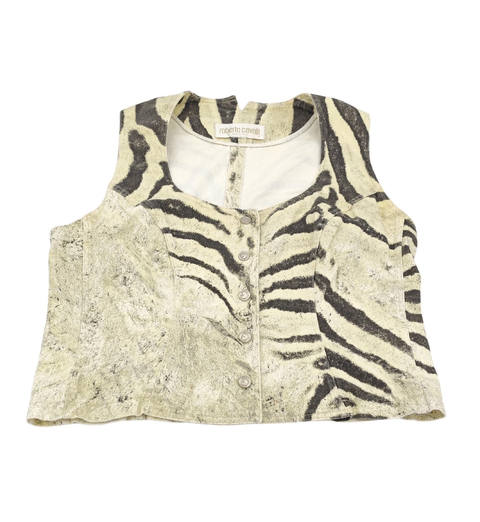 Roberto Cavalli S/S 1999 chaleco vaquero con estampado de cebra en venta 2