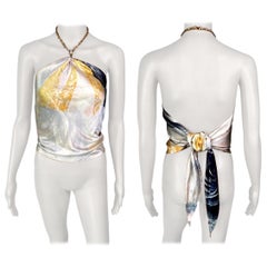 Roberto Cavalli S/S 2000 Crystal Embellished Chain Rose Print Halter Scarf Top