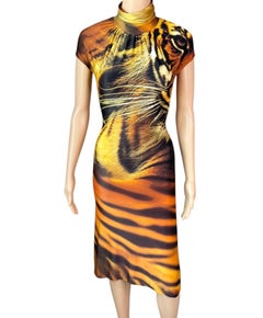 Roberto Cavalli S/S 2000 Cutout Back Turtleneck Tiger Animal Print Midi Dress